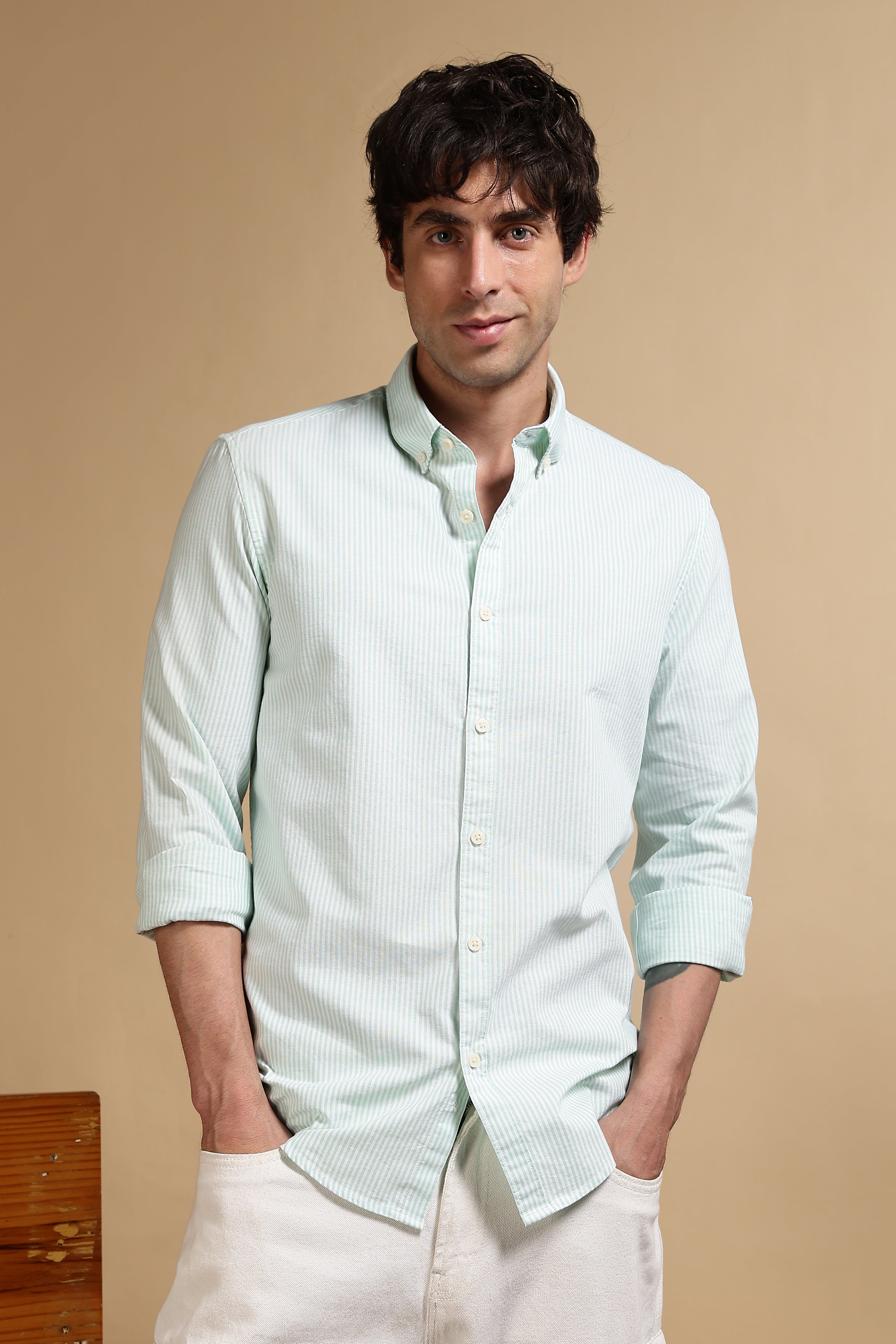 Men Green Cotton Oxford Slim Fit Striped Shirt