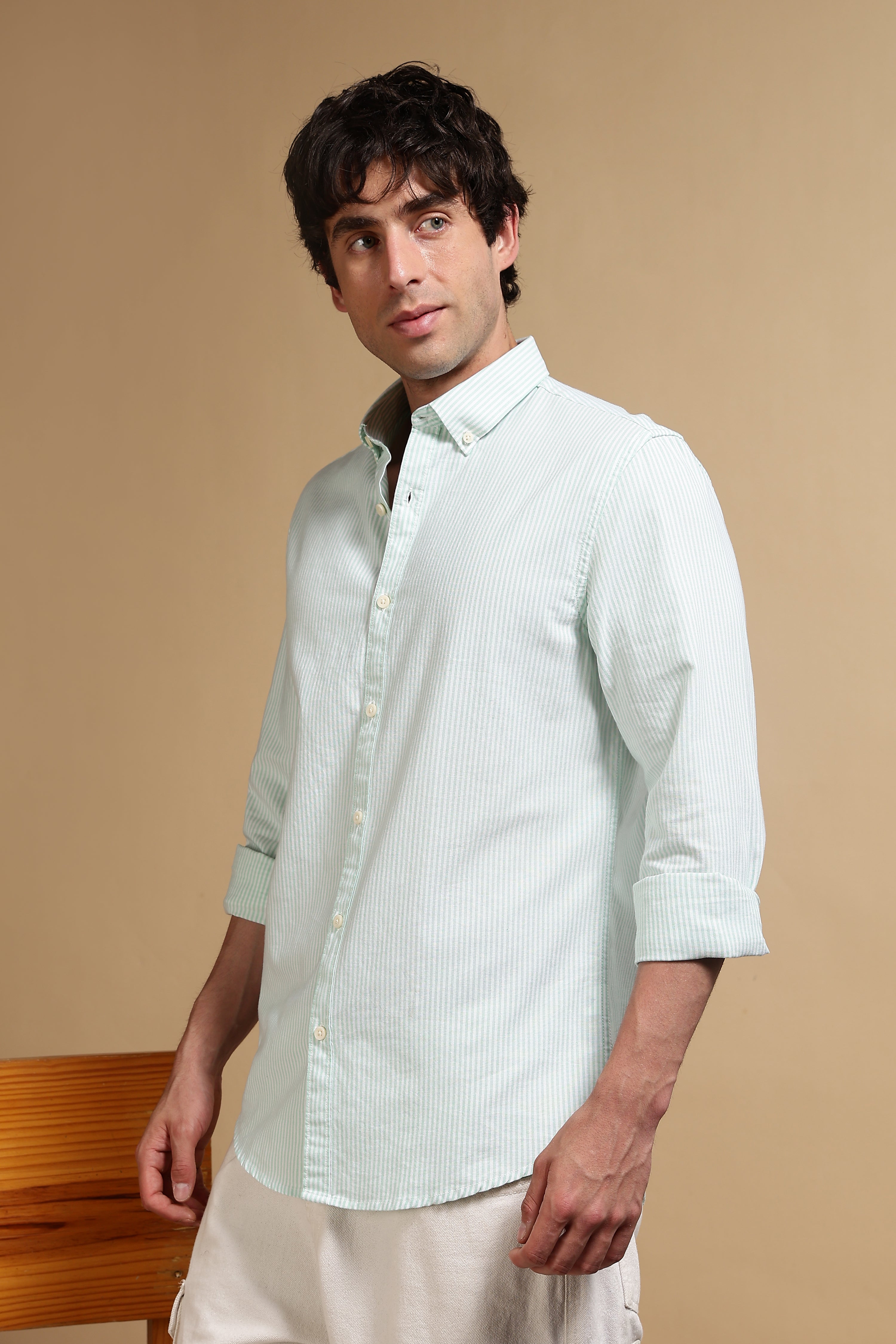 Men Green Cotton Oxford Slim Fit Striped Shirt