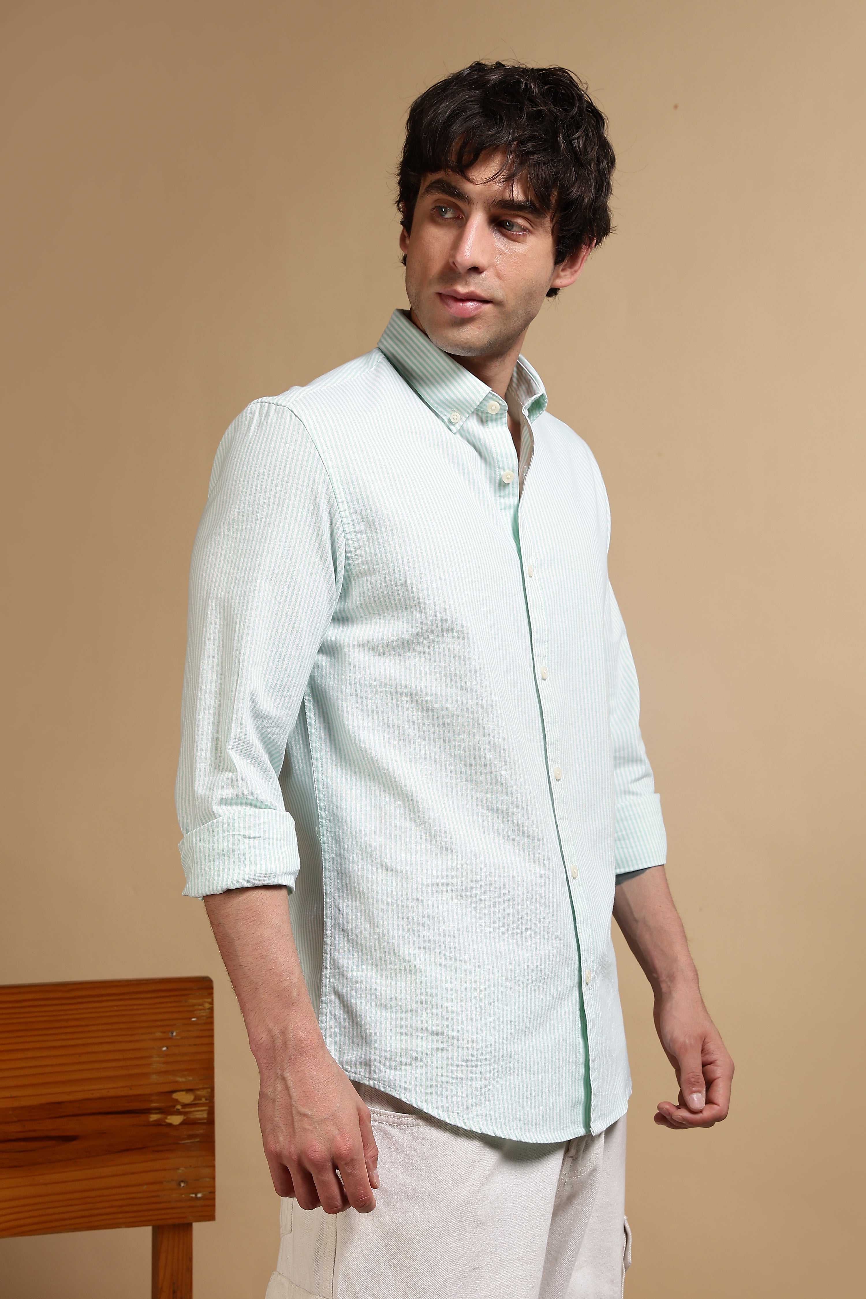 Men Green Cotton Oxford Slim Fit Striped Shirt