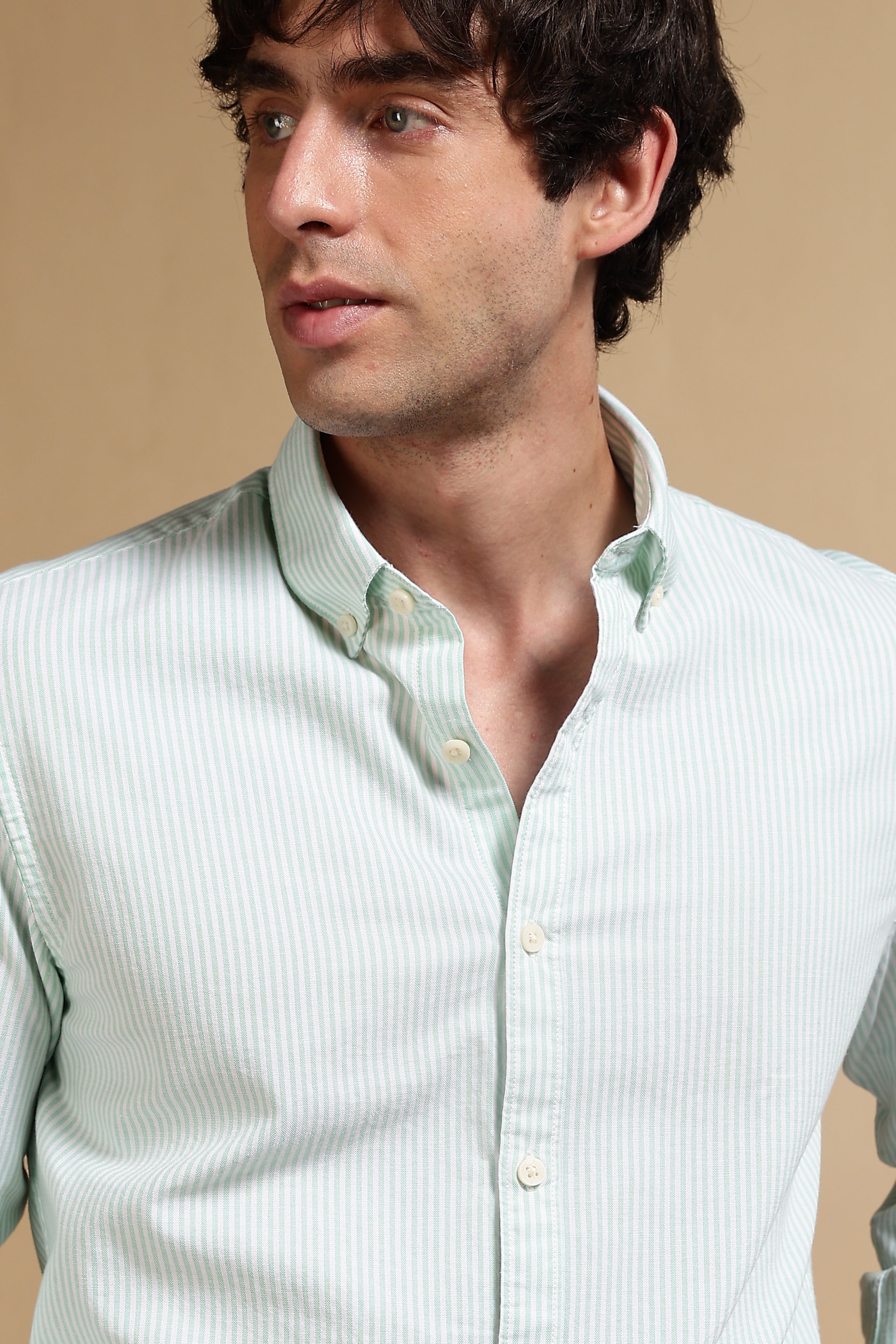 Men Green Cotton Oxford Slim Fit Striped Shirt