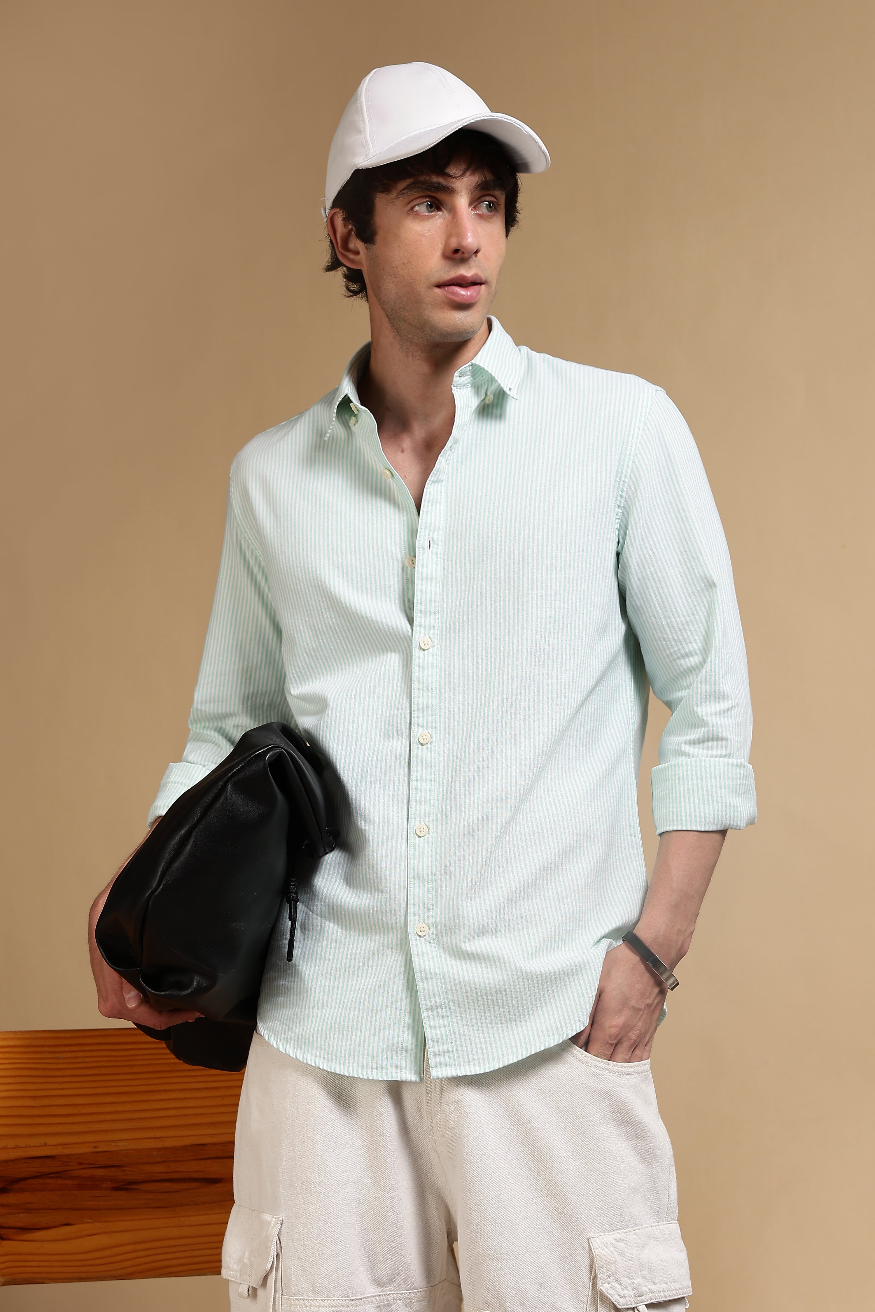 Men Green Cotton Oxford Slim Fit Striped Shirt
