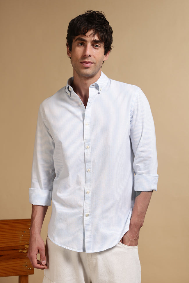 Men Blue Cotton Oxford Slim Fit Striped Shirt