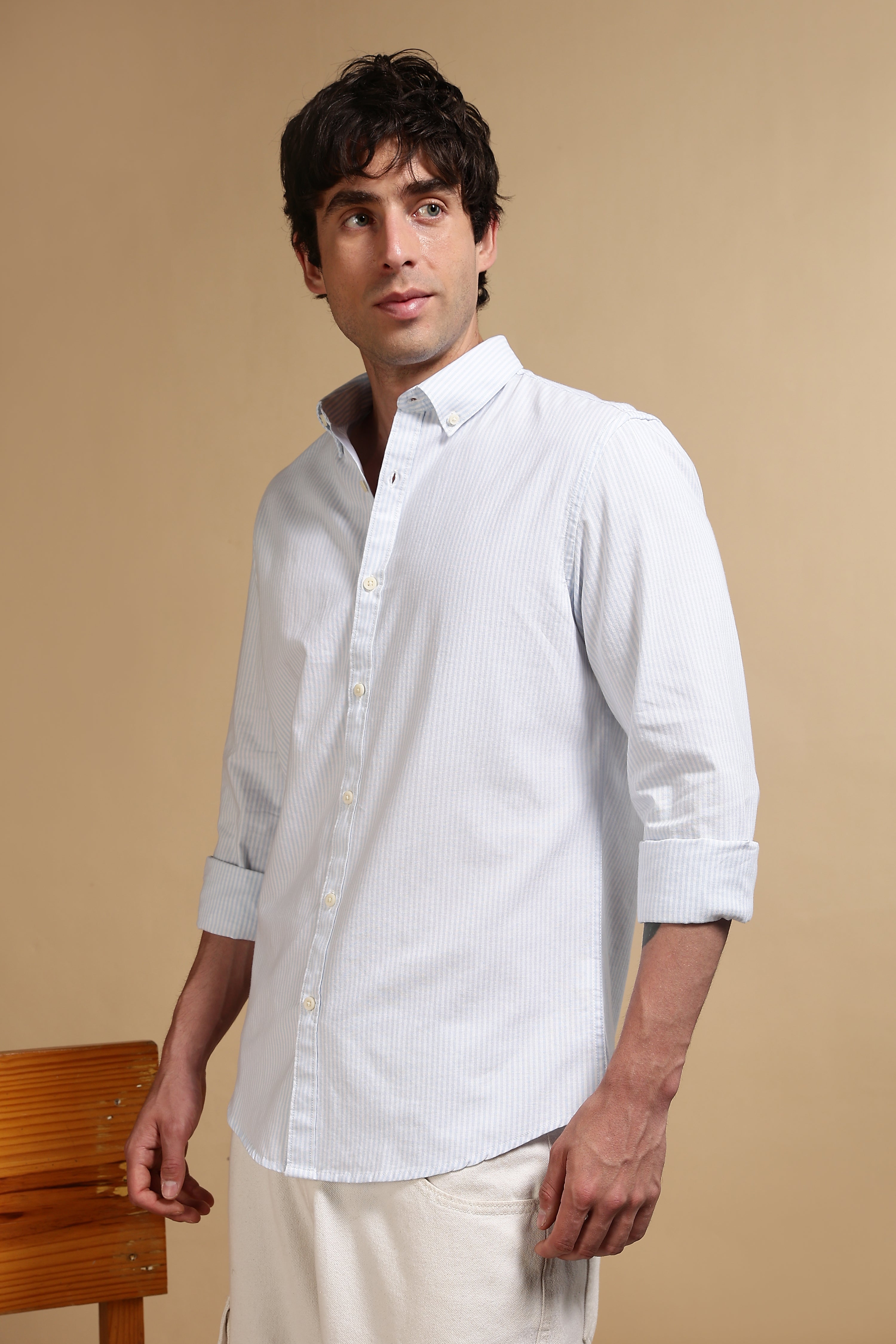 Men Blue Cotton Oxford Slim Fit Striped Shirt