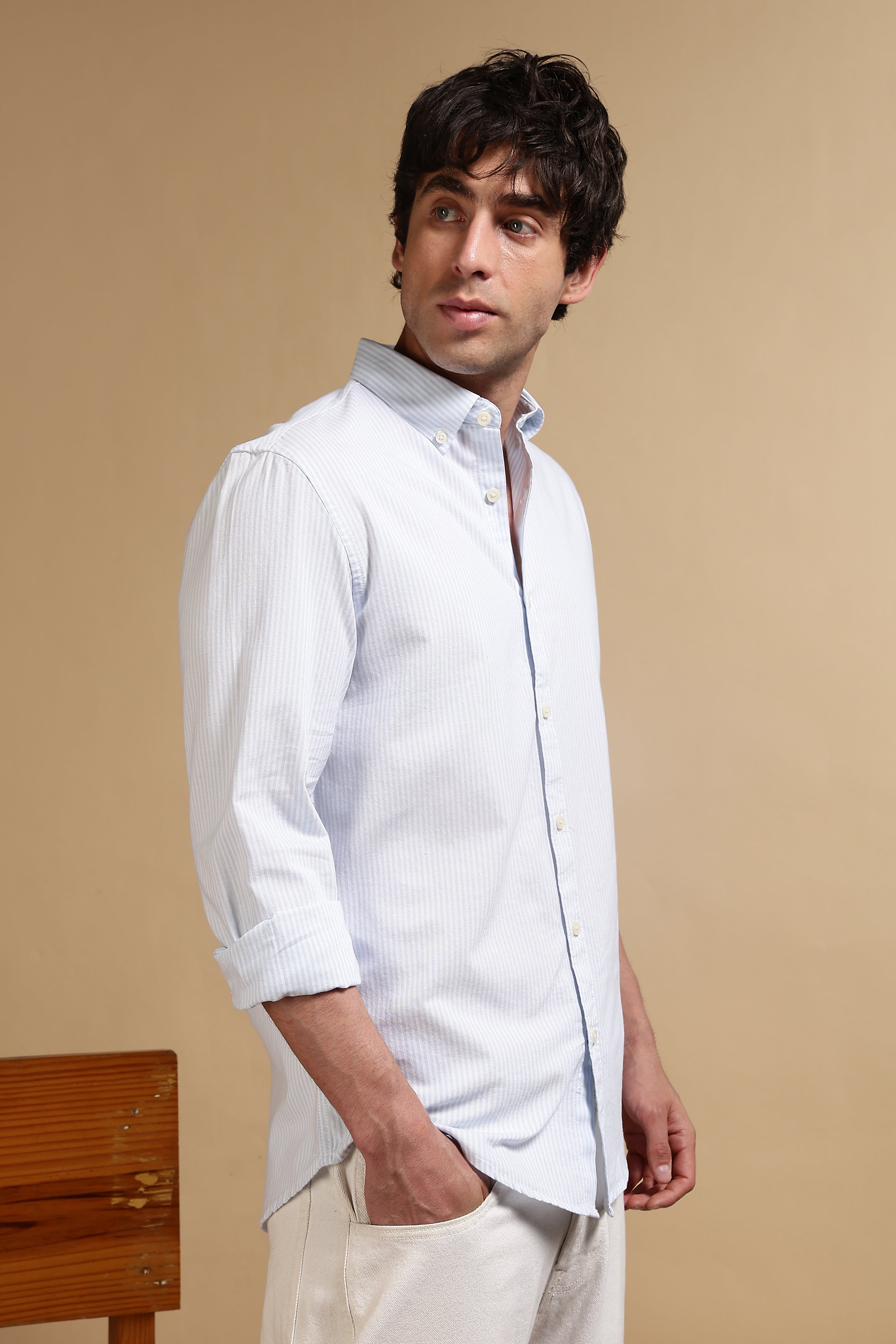 Men Blue Cotton Oxford Slim Fit Striped Shirt