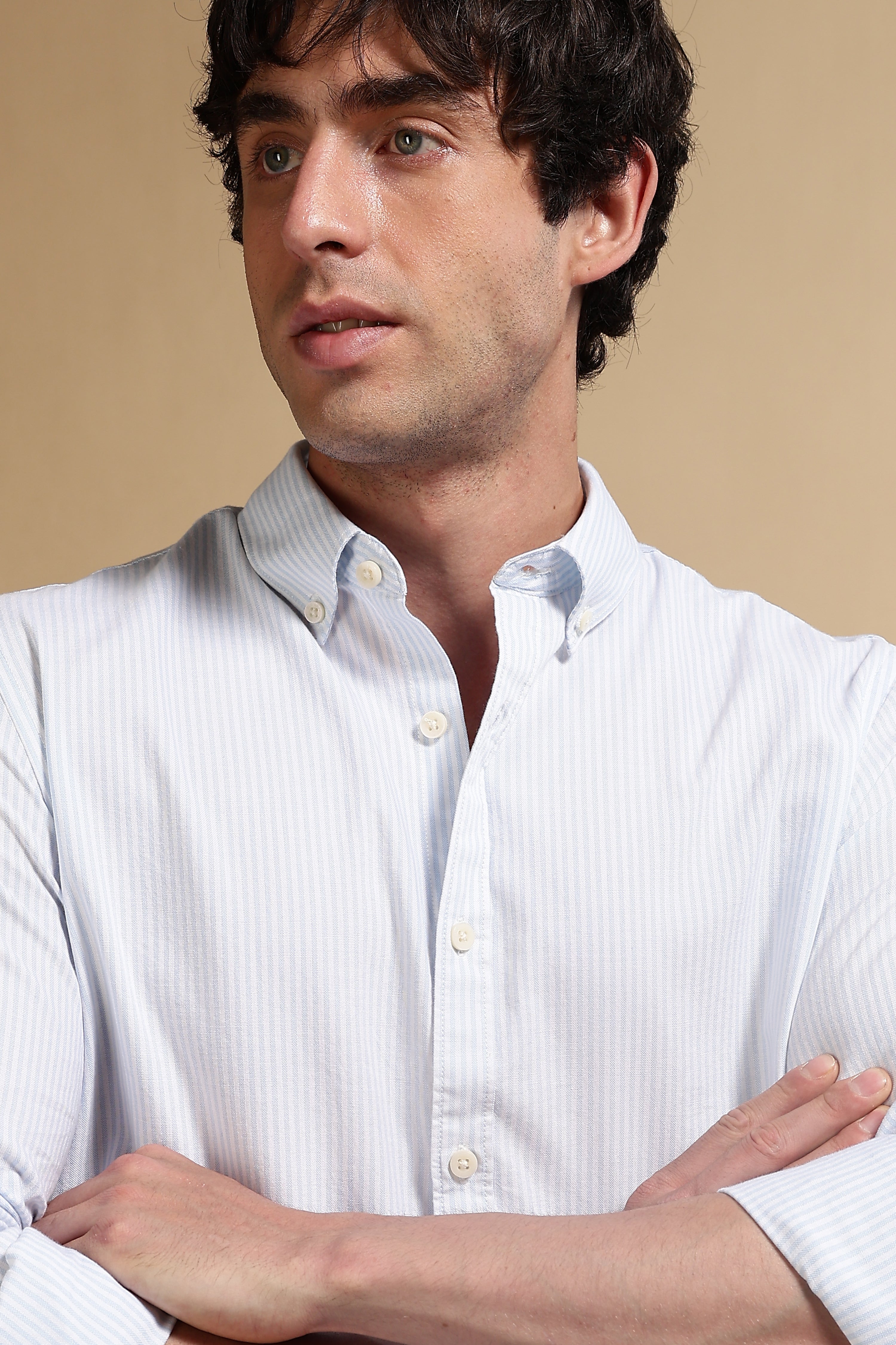 Men Blue Cotton Oxford Slim Fit Striped Shirt