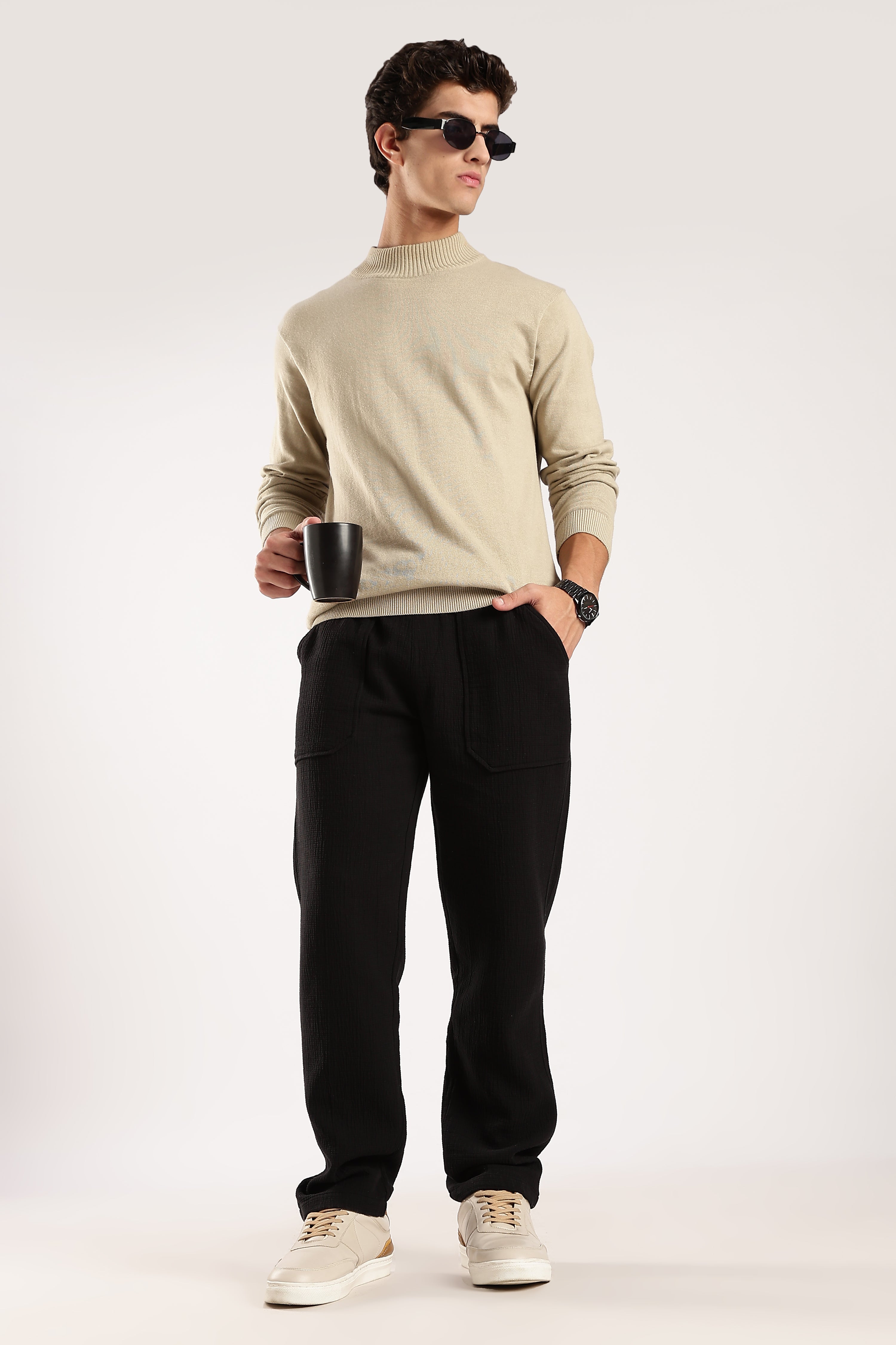 Men Black Drawcord Trousers