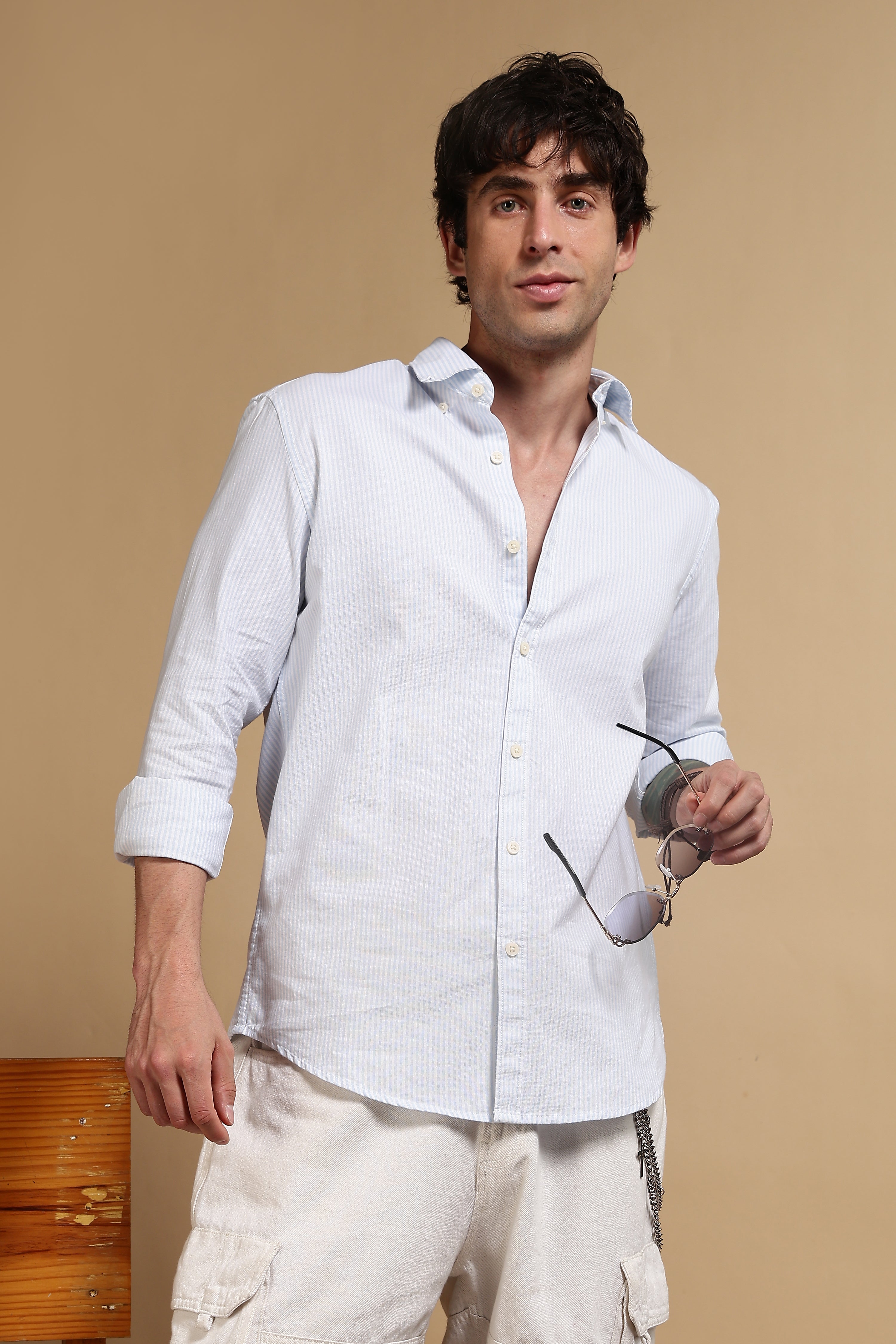 Men Blue Cotton Oxford Slim Fit Striped Shirt
