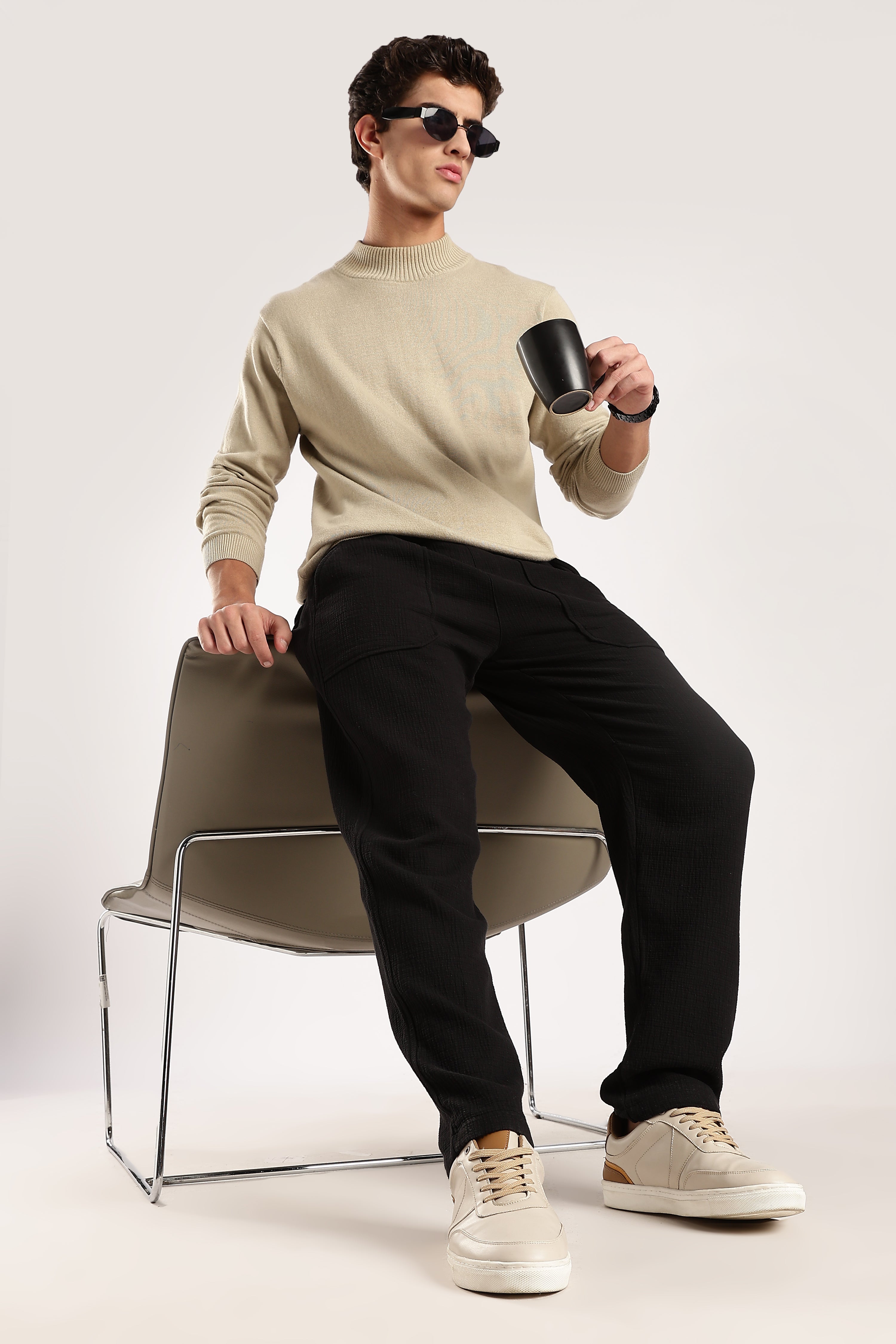 Men Black Drawcord Trousers