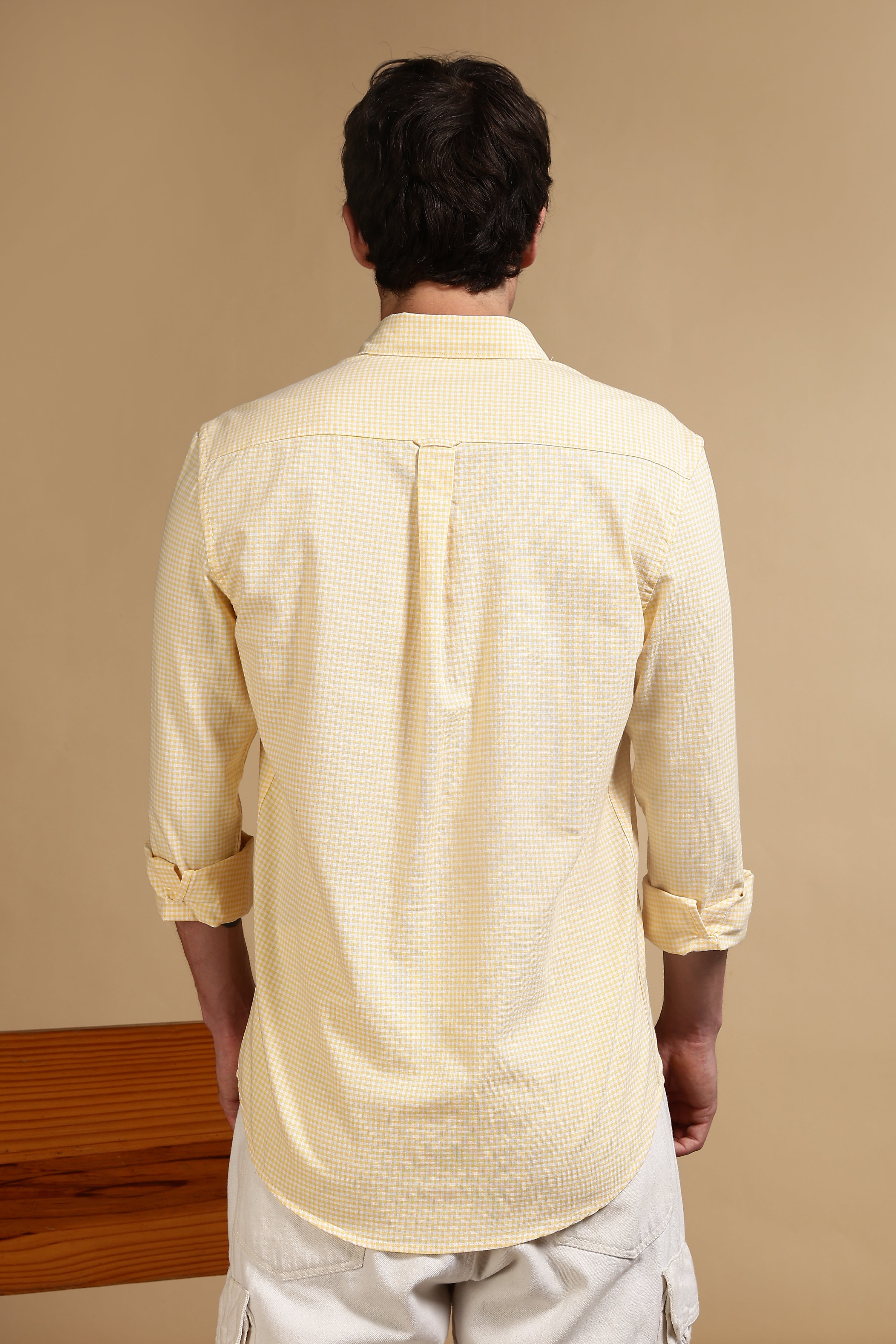 Men Yellow Cotton Oxford Slim Fit Mini Checks Shirt