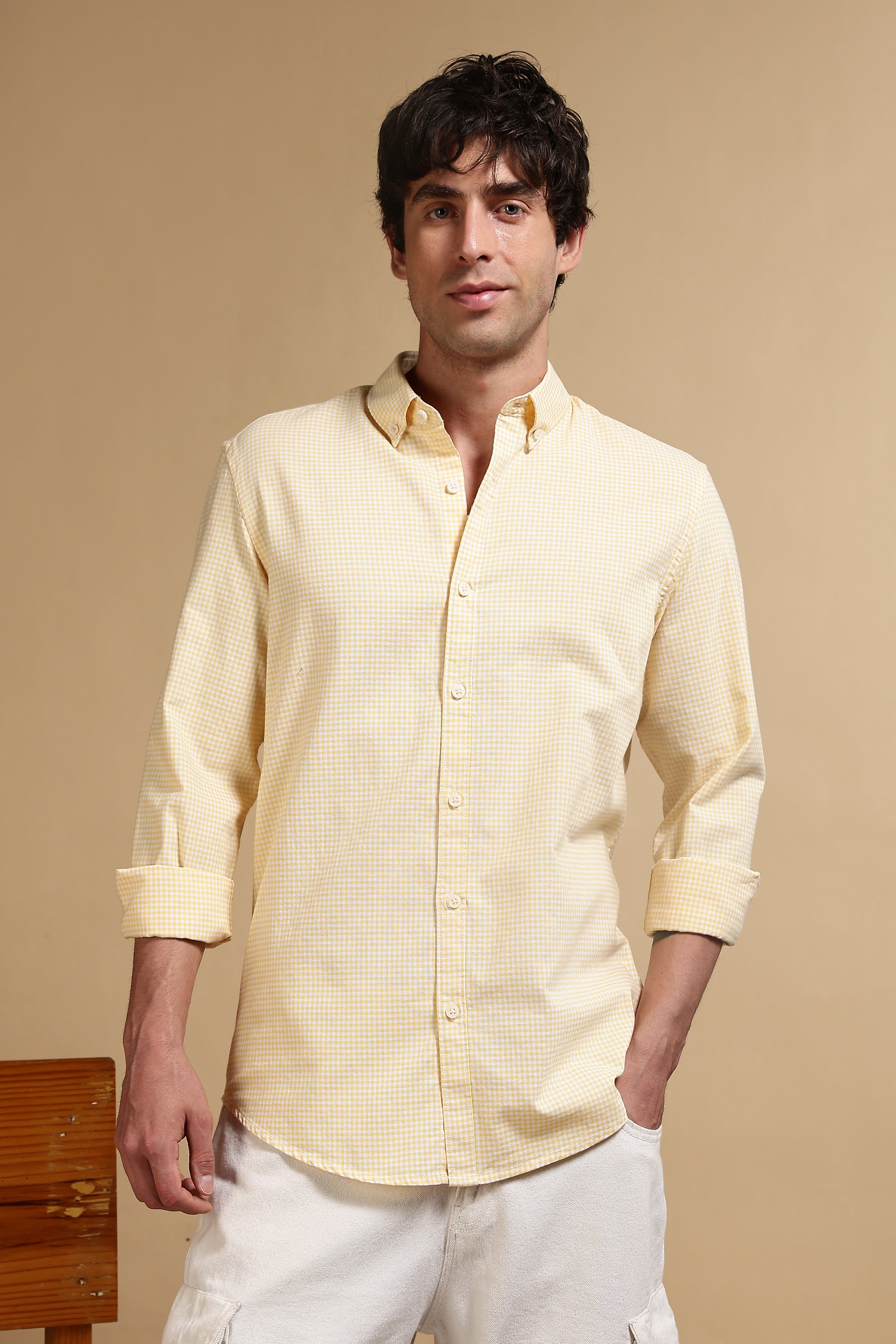 Men Yellow Cotton Oxford Slim Fit Mini Checks Shirt