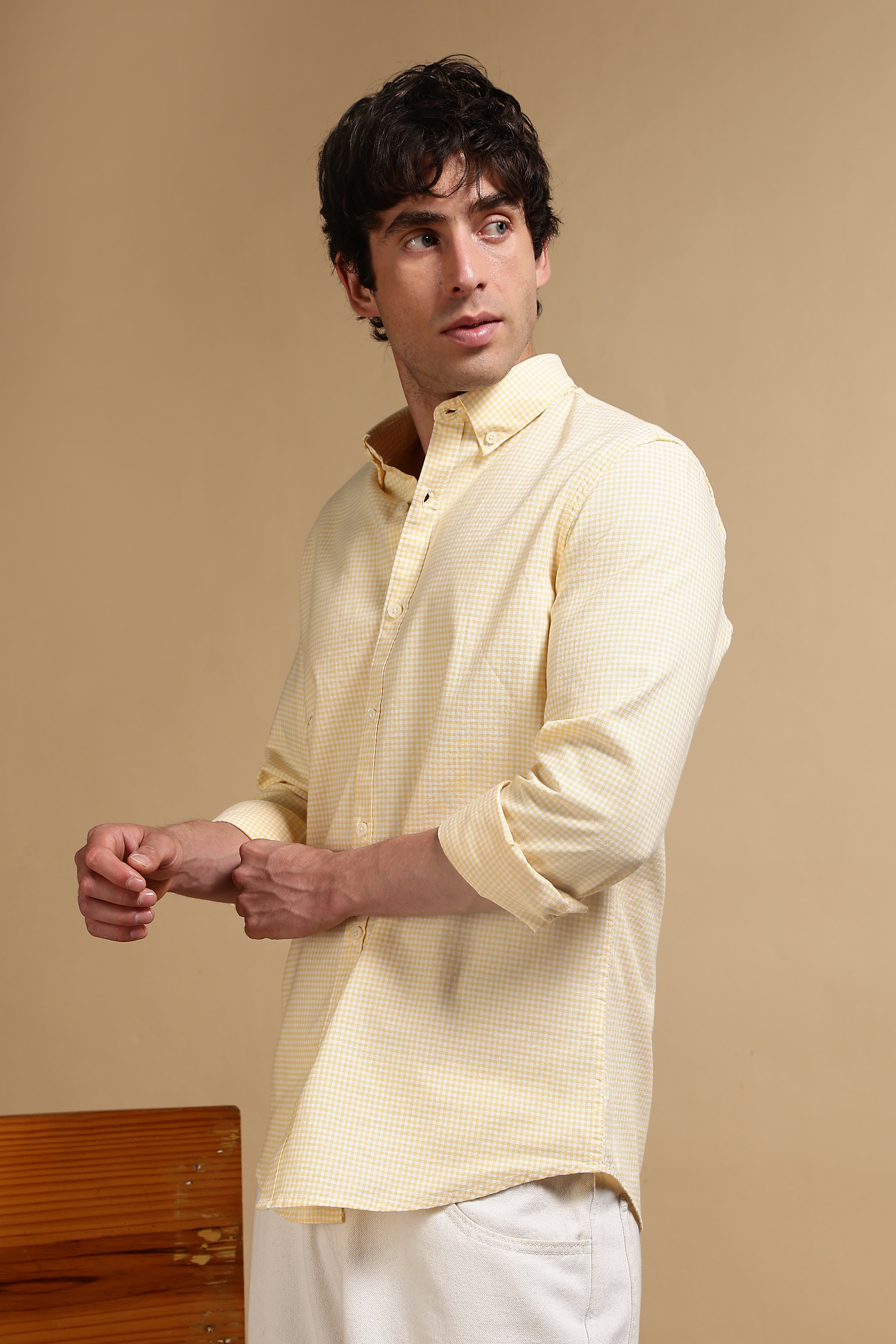 Men Yellow Cotton Oxford Slim Fit Mini Checks Shirt