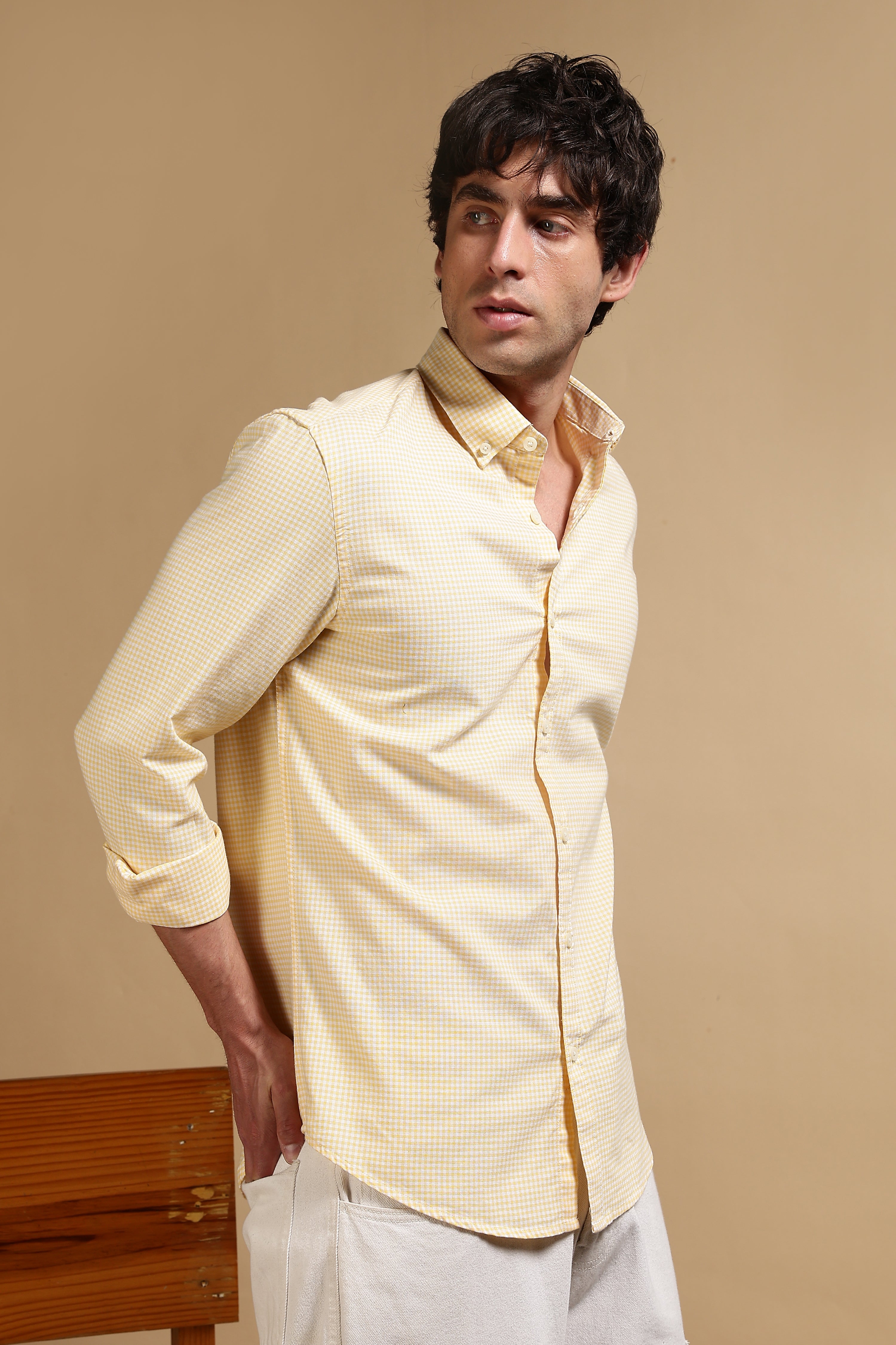 Men Yellow Cotton Oxford Slim Fit Mini Checks Shirt