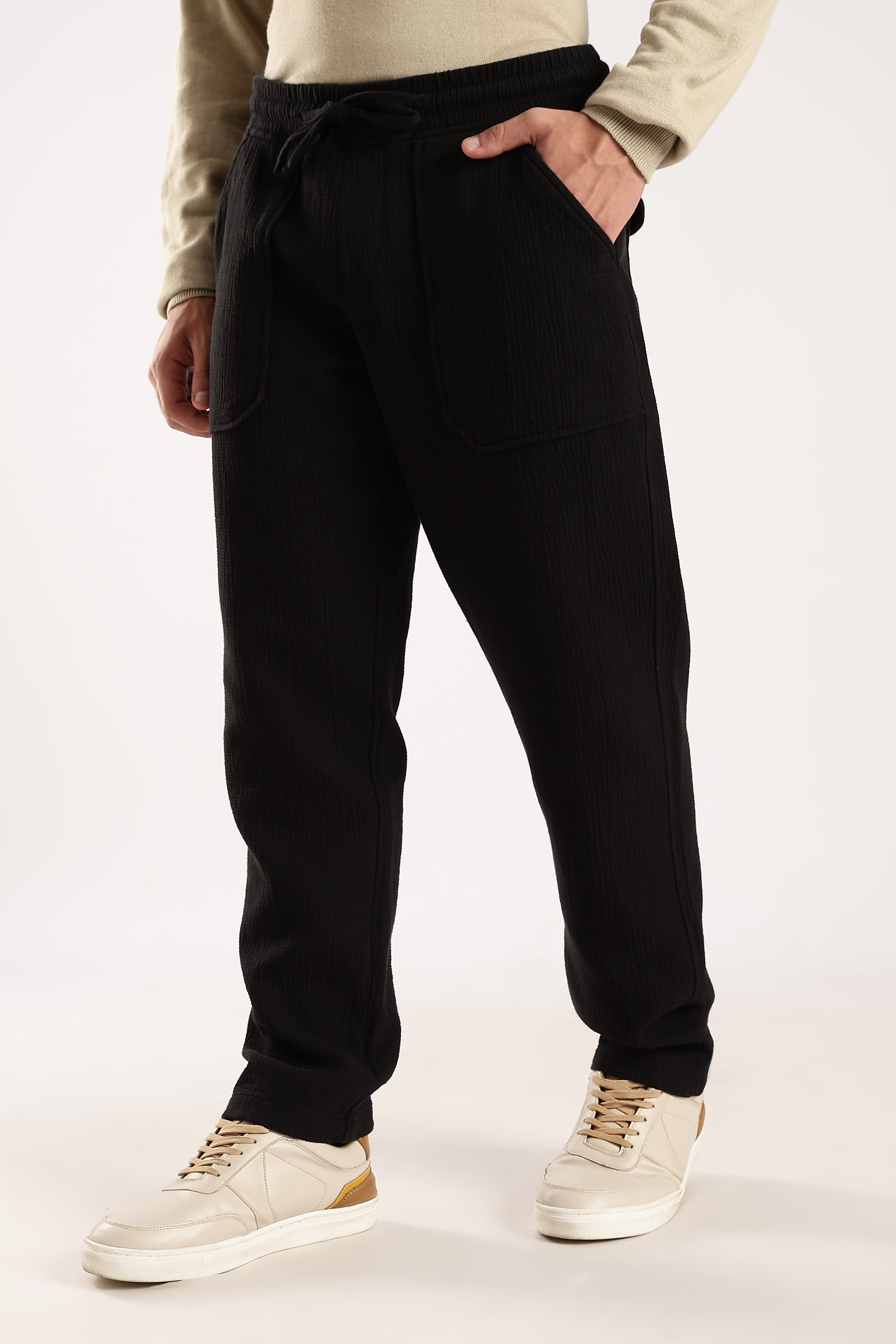 Men Black Drawcord Trousers