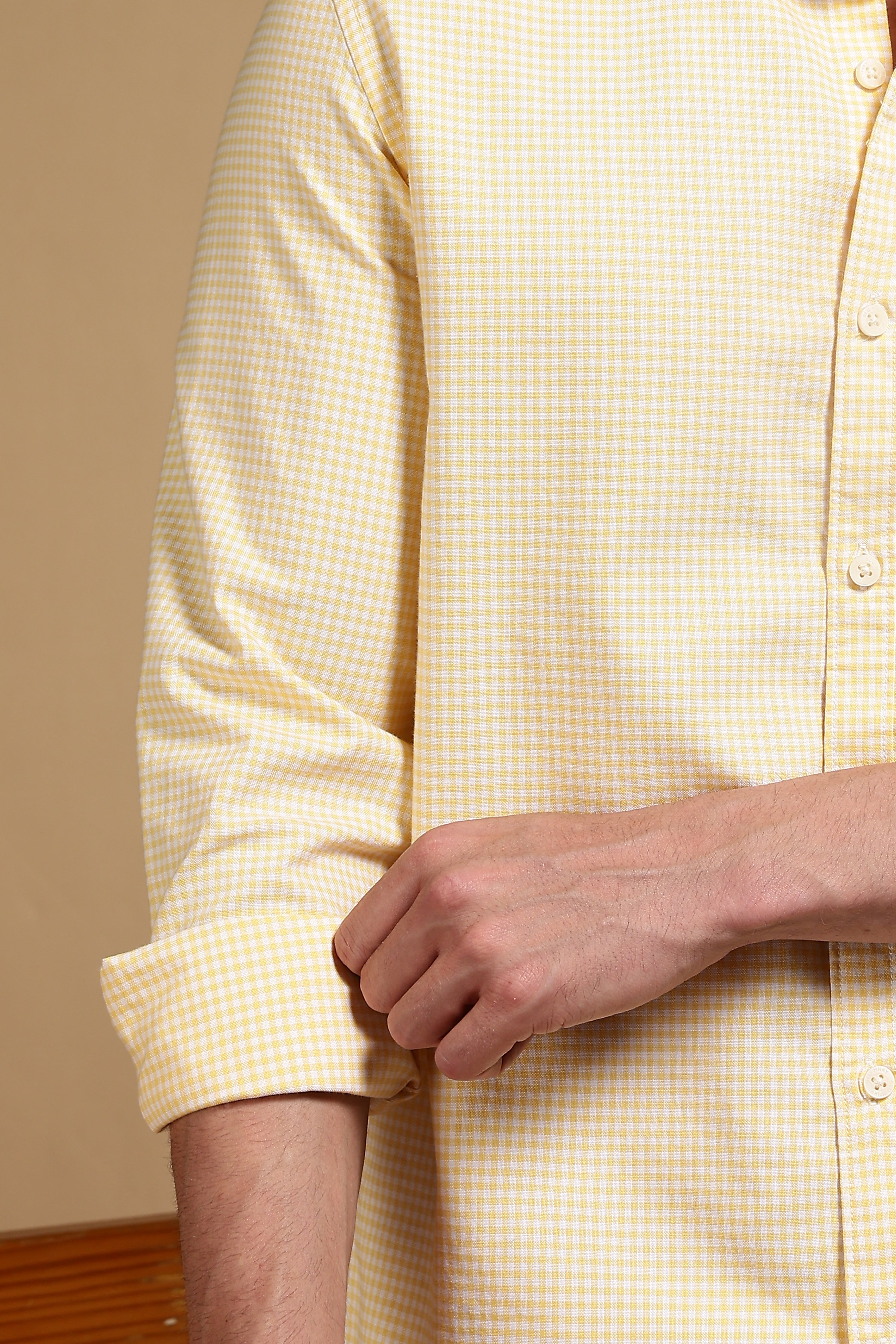 Men Yellow Cotton Oxford Slim Fit Mini Checks Shirt