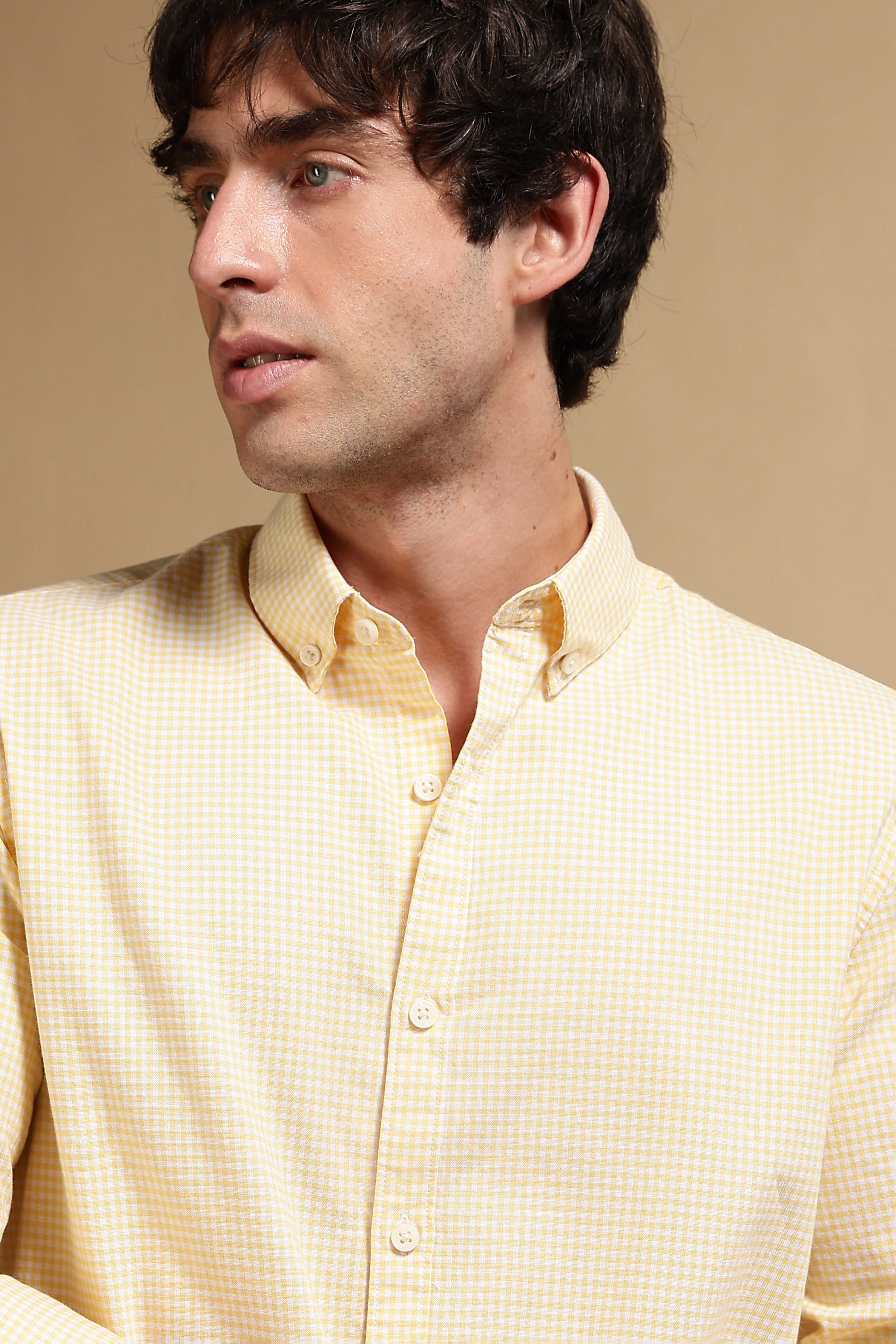 Men Yellow Cotton Oxford Slim Fit Mini Checks Shirt