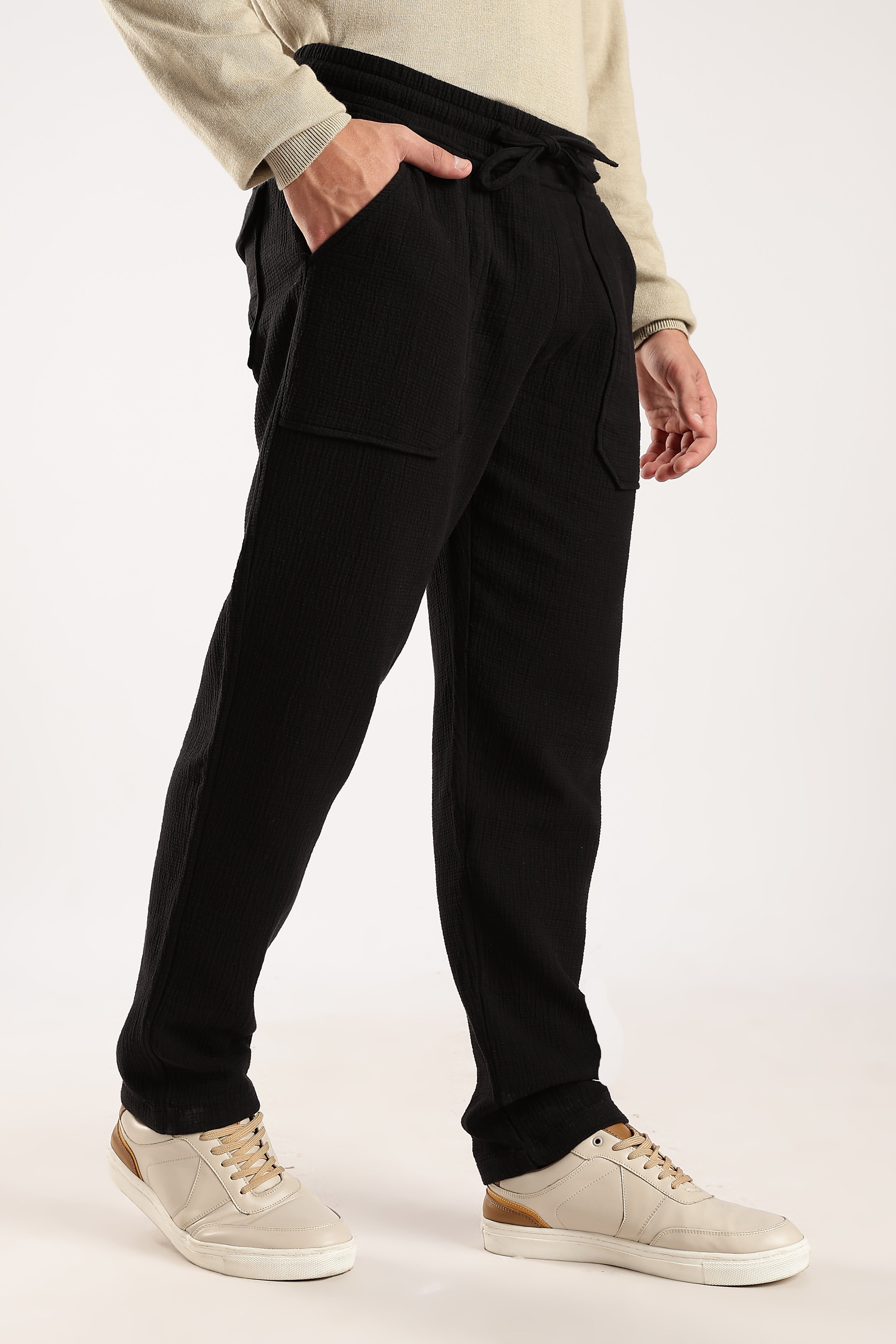 Men Black Drawcord Trousers