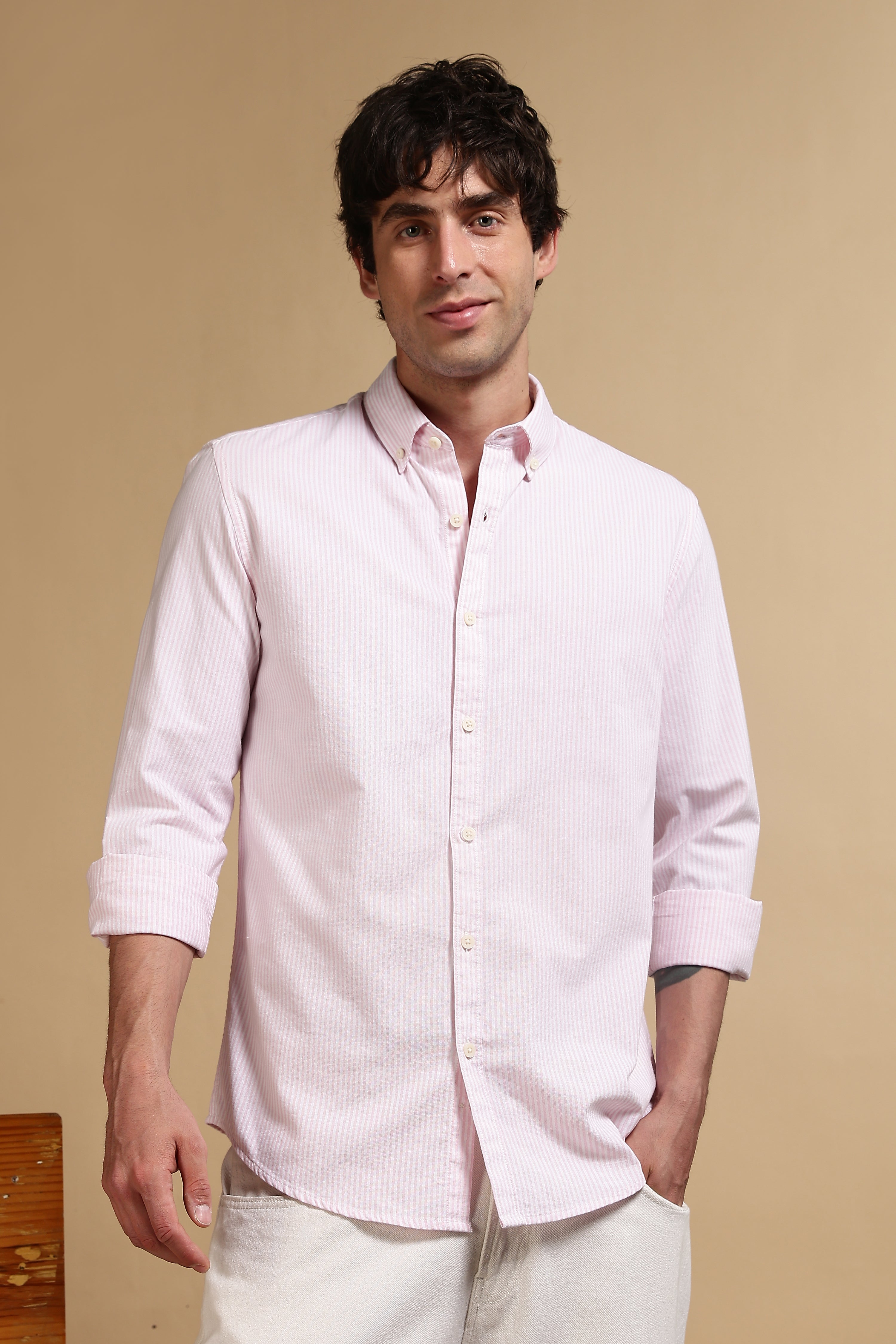 Men Pink Cotton Oxford Slim Fit Striped Shirt