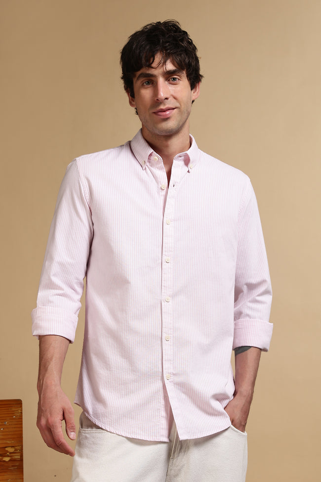 Men Pink Cotton Oxford Slim Fit Striped Shirt