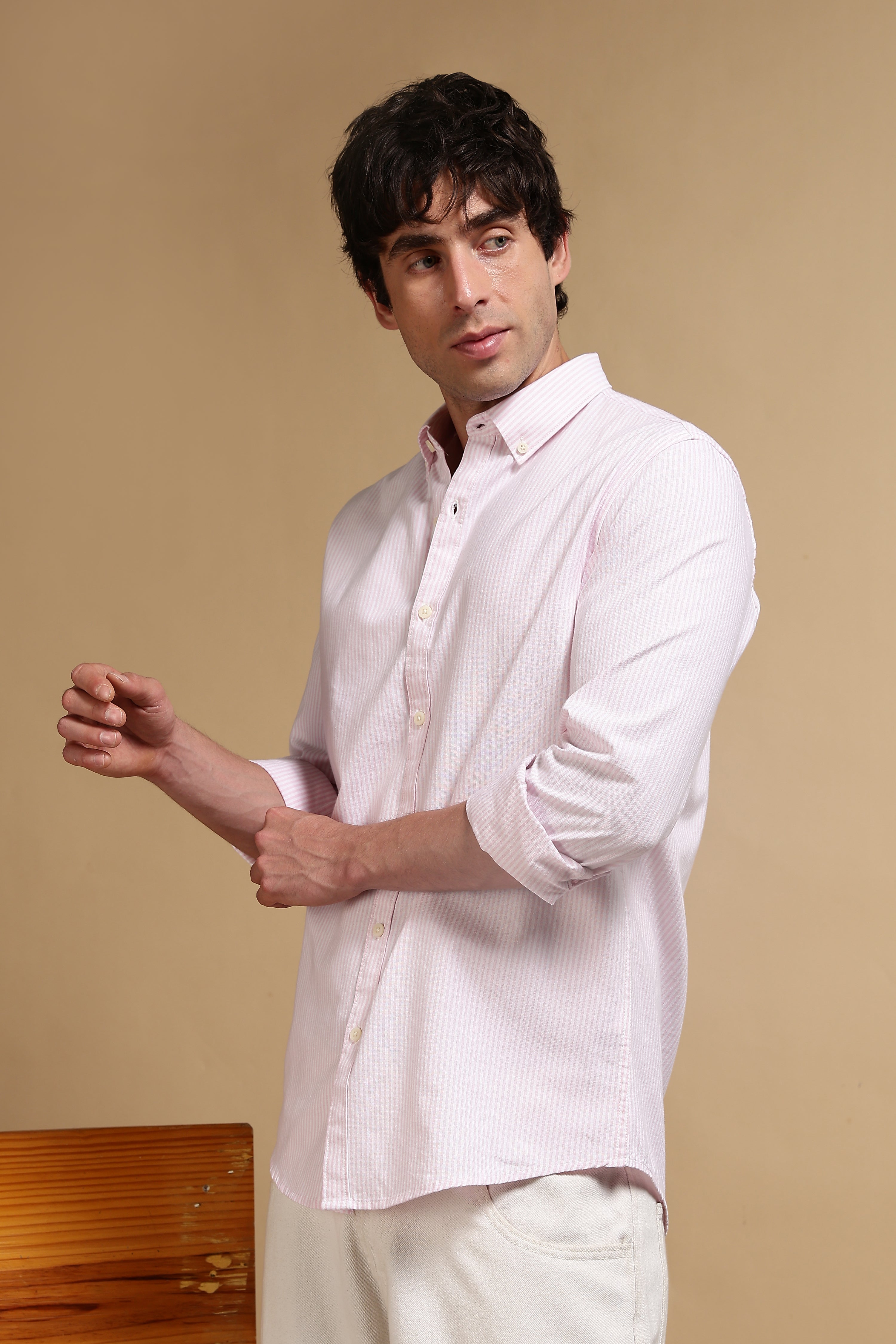 Men Pink Cotton Oxford Slim Fit Striped Shirt