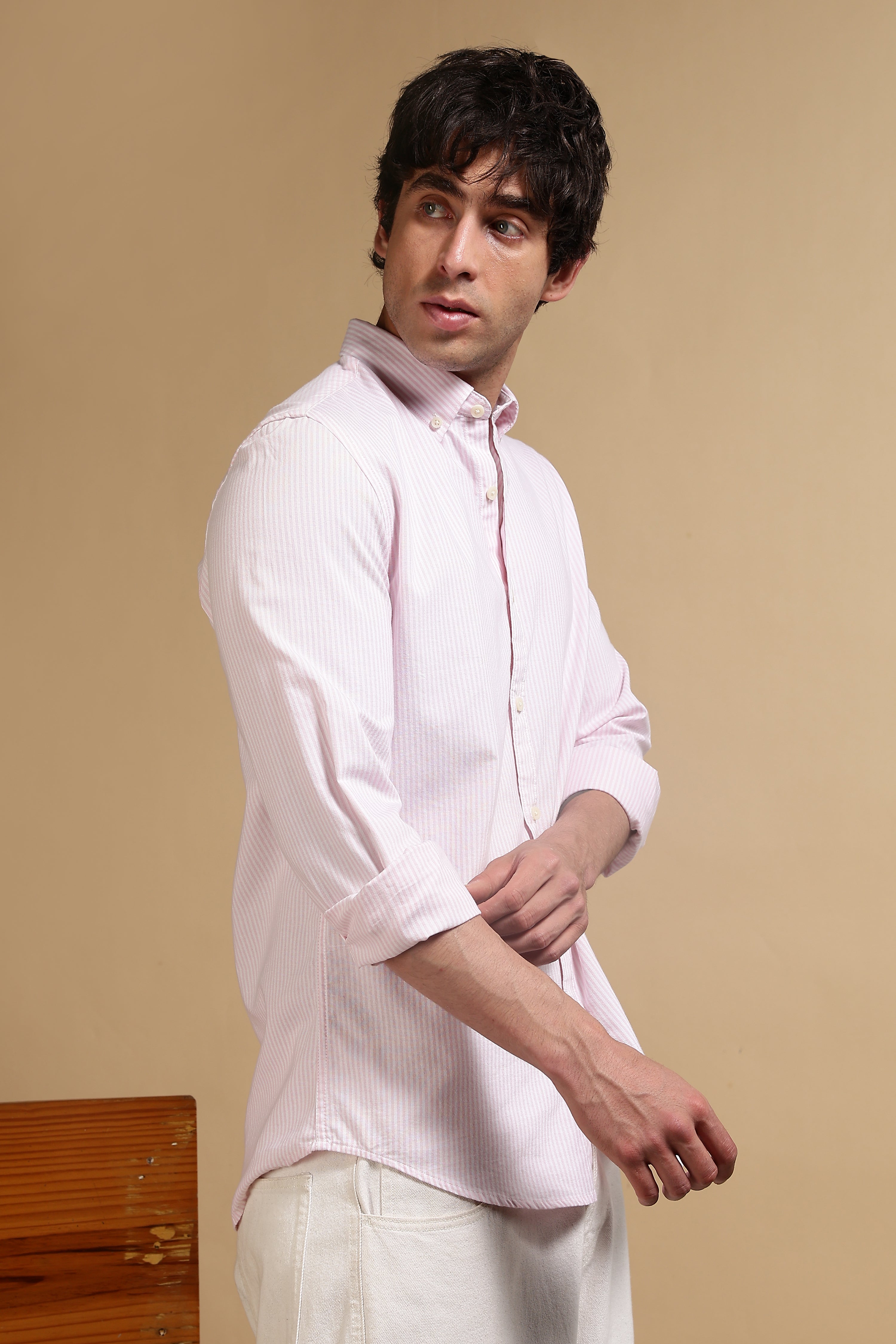 Men Pink Cotton Oxford Slim Fit Striped Shirt