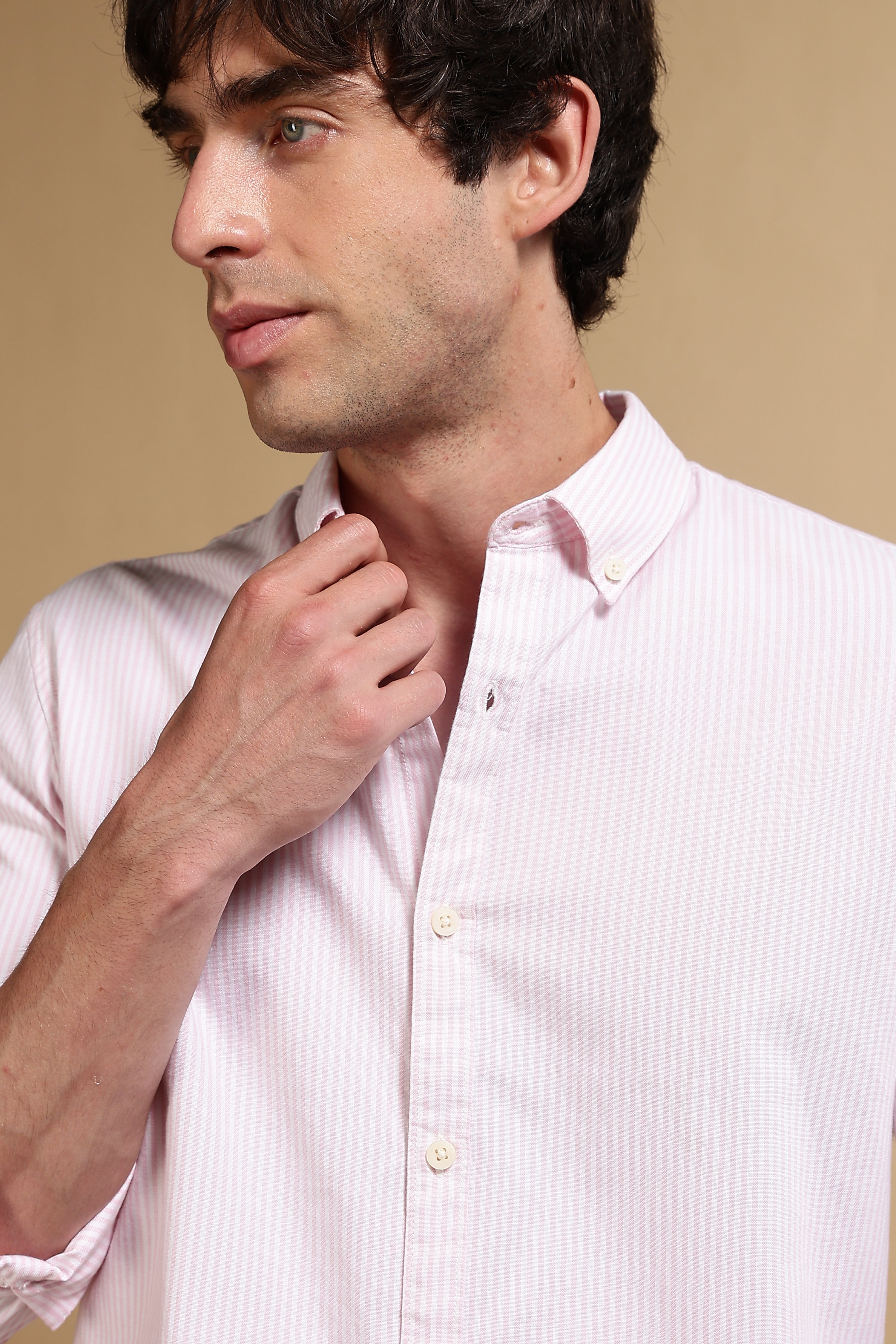 Men Pink Cotton Oxford Slim Fit Striped Shirt
