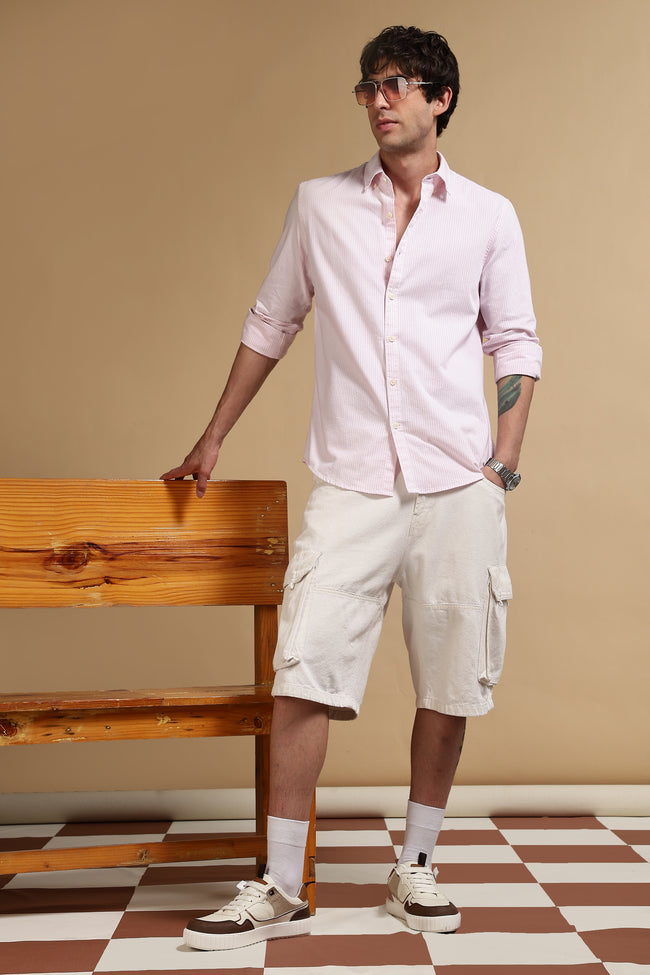 Men Pink Cotton Oxford Slim Fit Striped Shirt
