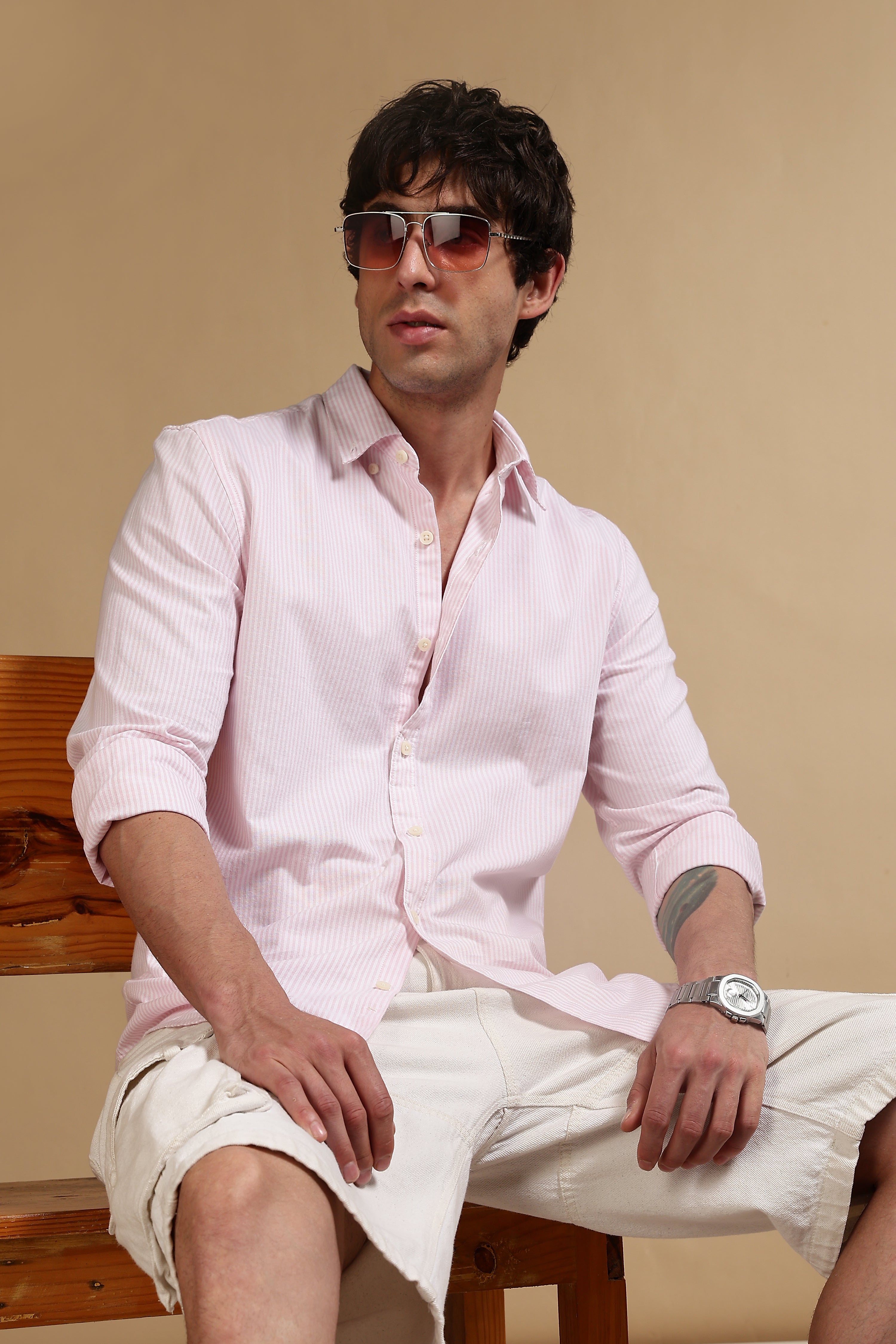 Men Pink Cotton Oxford Slim Fit Striped Shirt