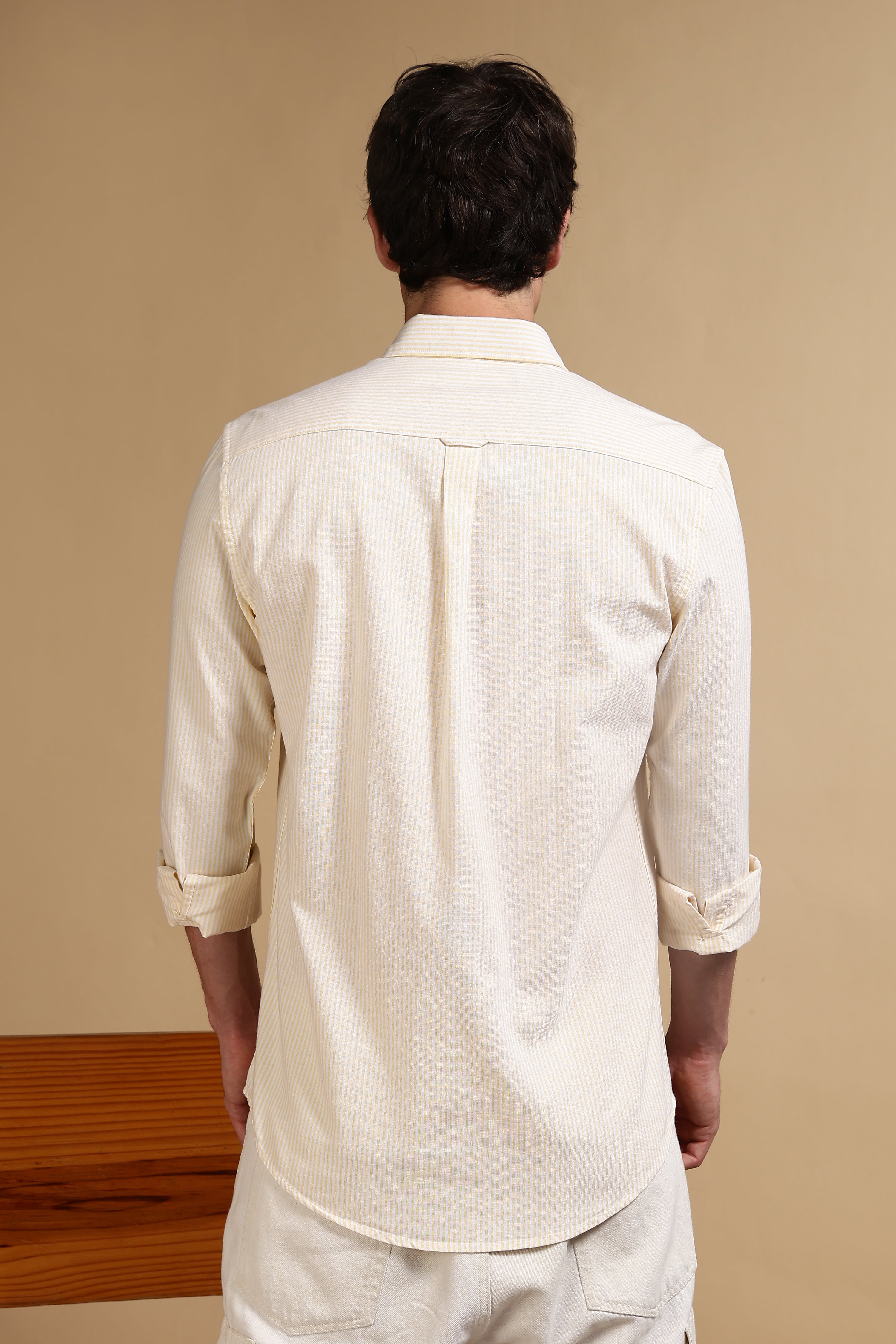 Men Yellow Cotton Oxford Slim Fit Striped Shirt