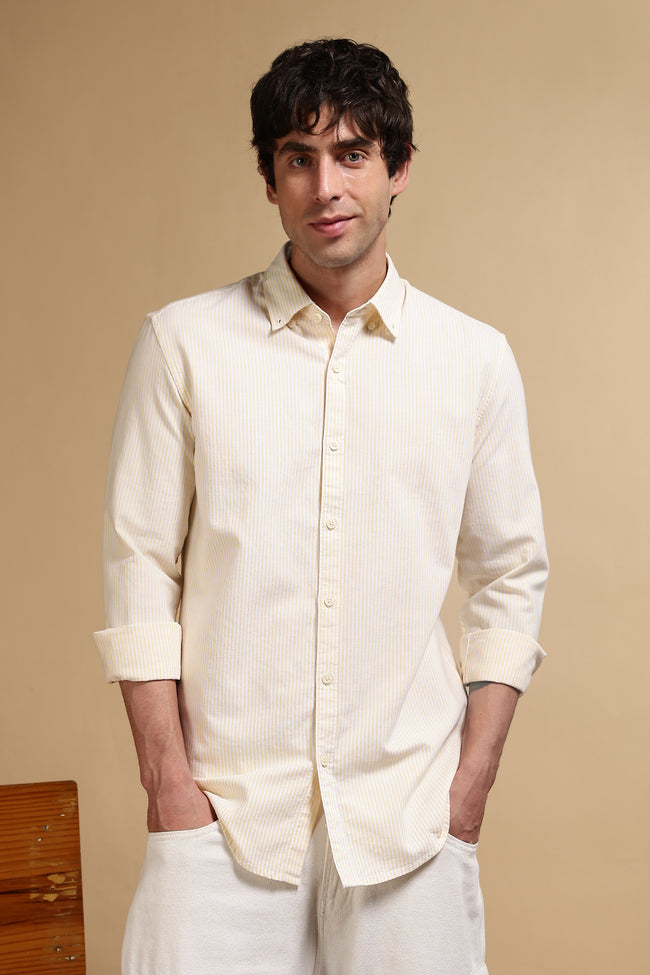 Men Yellow Cotton Oxford Slim Fit Striped Shirt
