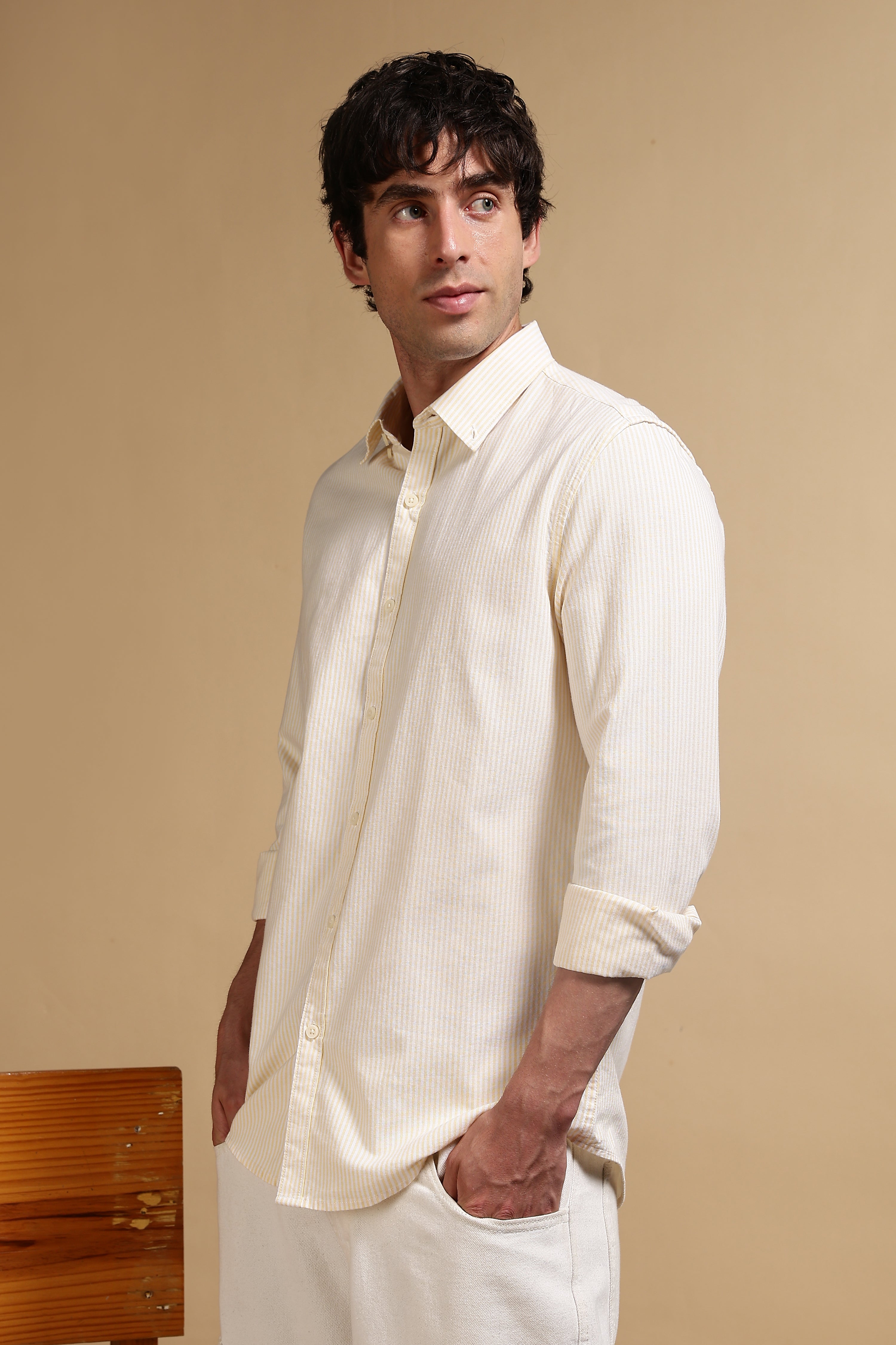 Men Yellow Cotton Oxford Slim Fit Striped Shirt