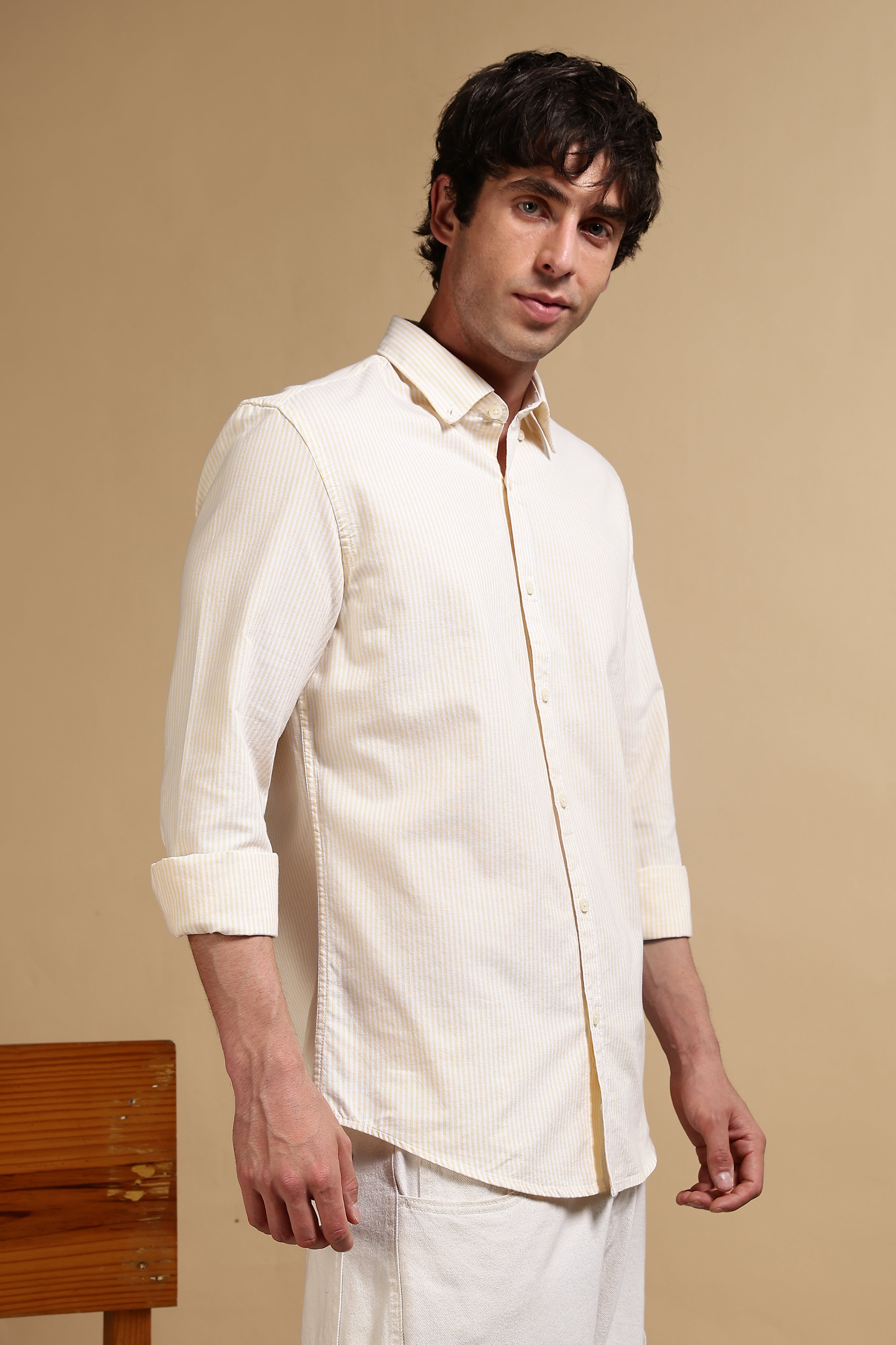 Men Yellow Cotton Oxford Slim Fit Striped Shirt