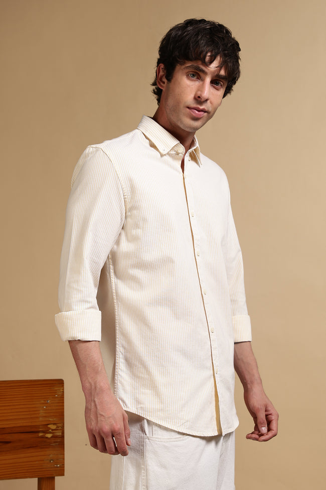 Men Yellow Cotton Oxford Slim Fit Striped Shirt