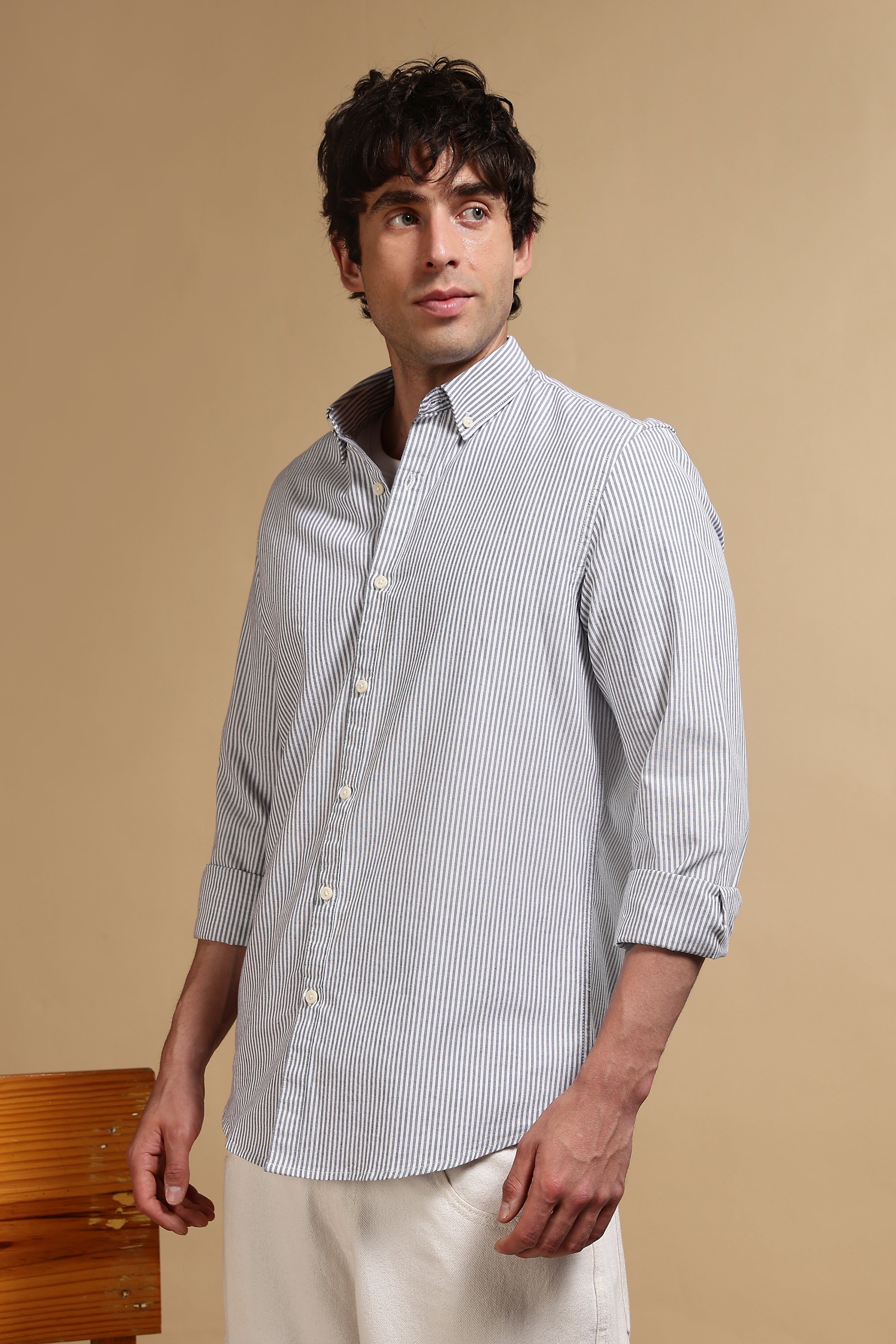 Men Navy Blue Cotton Oxford Slim Fit Striped Shirt