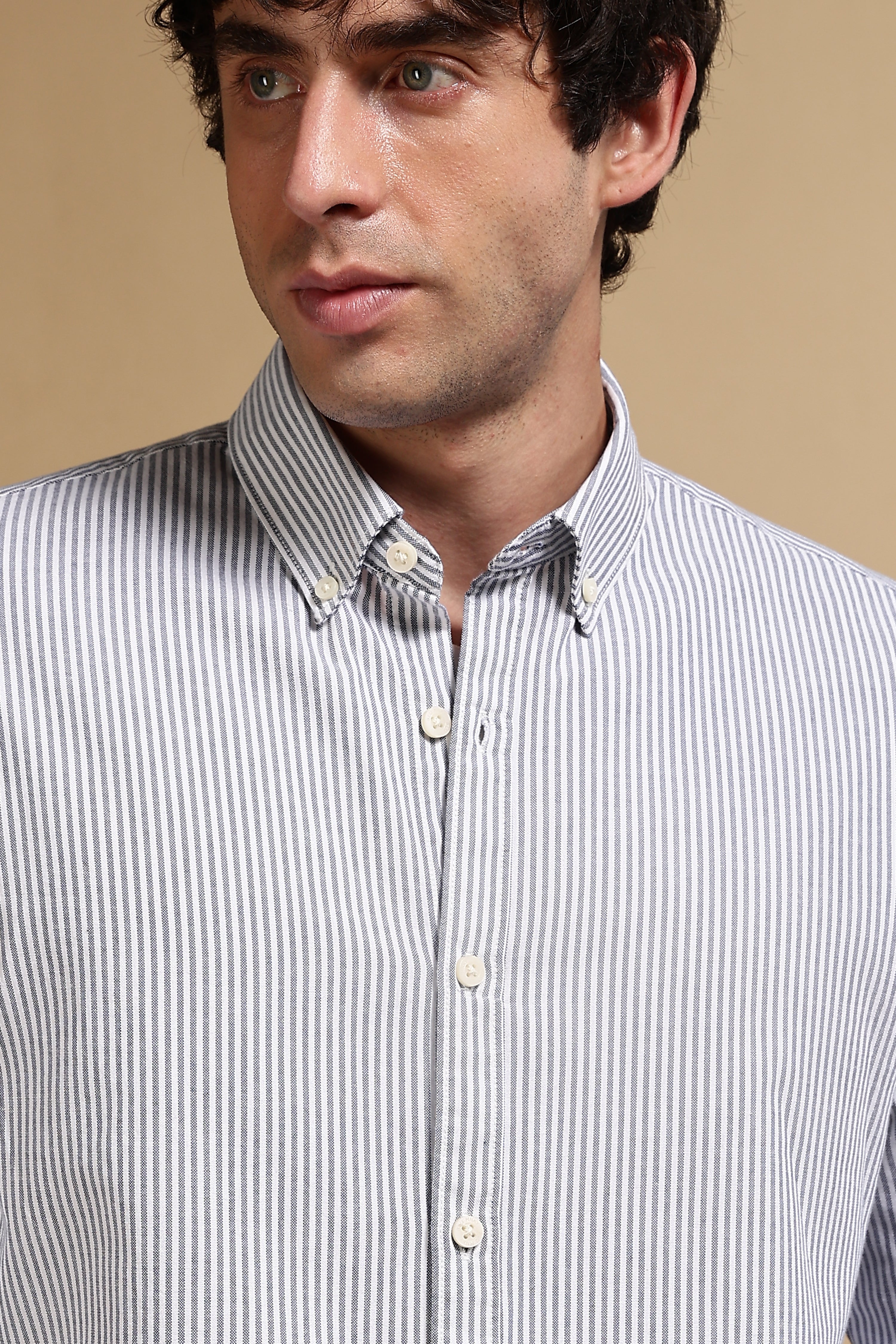Men Navy Blue Cotton Oxford Slim Fit Striped Shirt