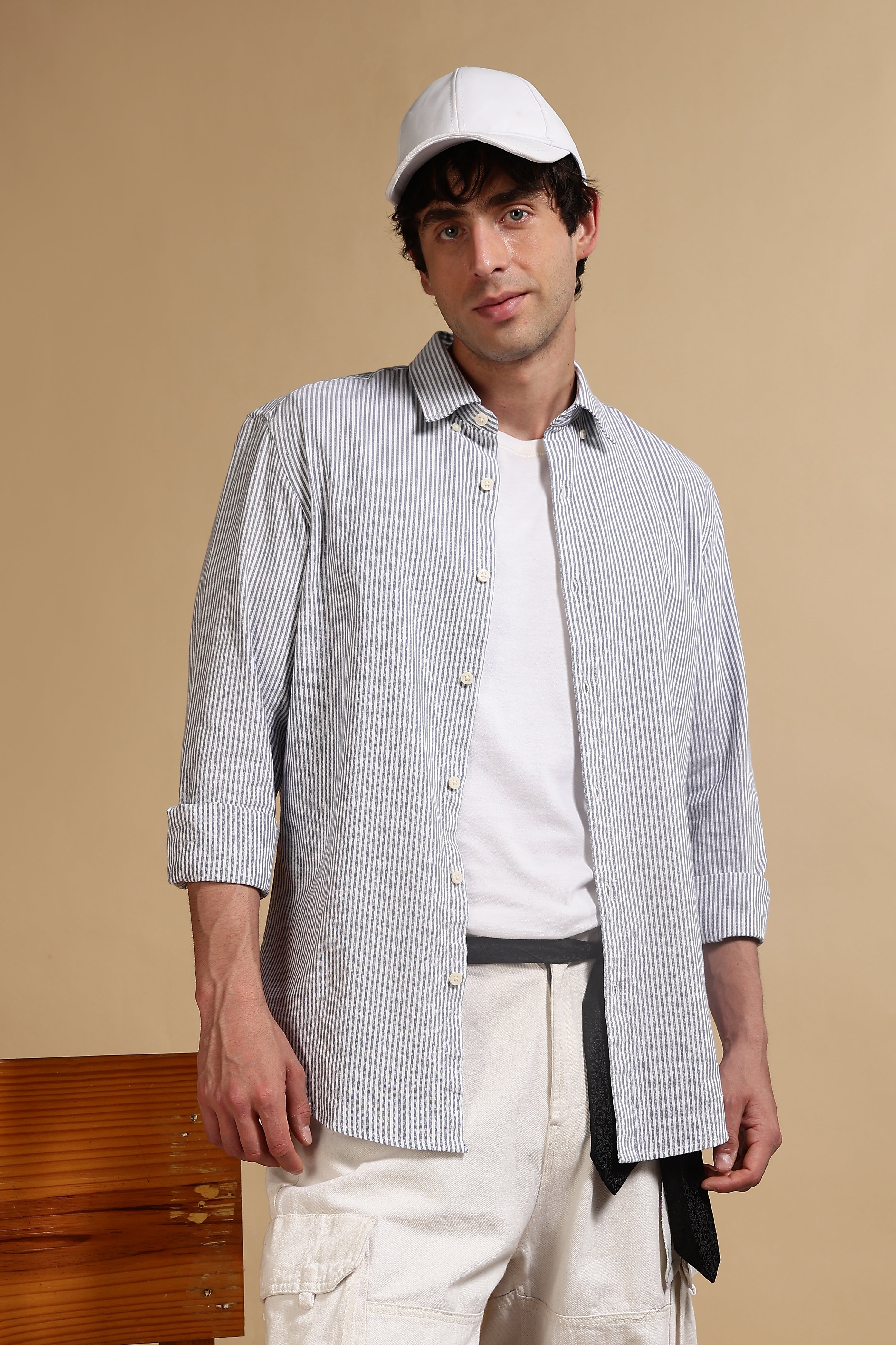 Men Navy Blue Cotton Oxford Slim Fit Striped Shirt