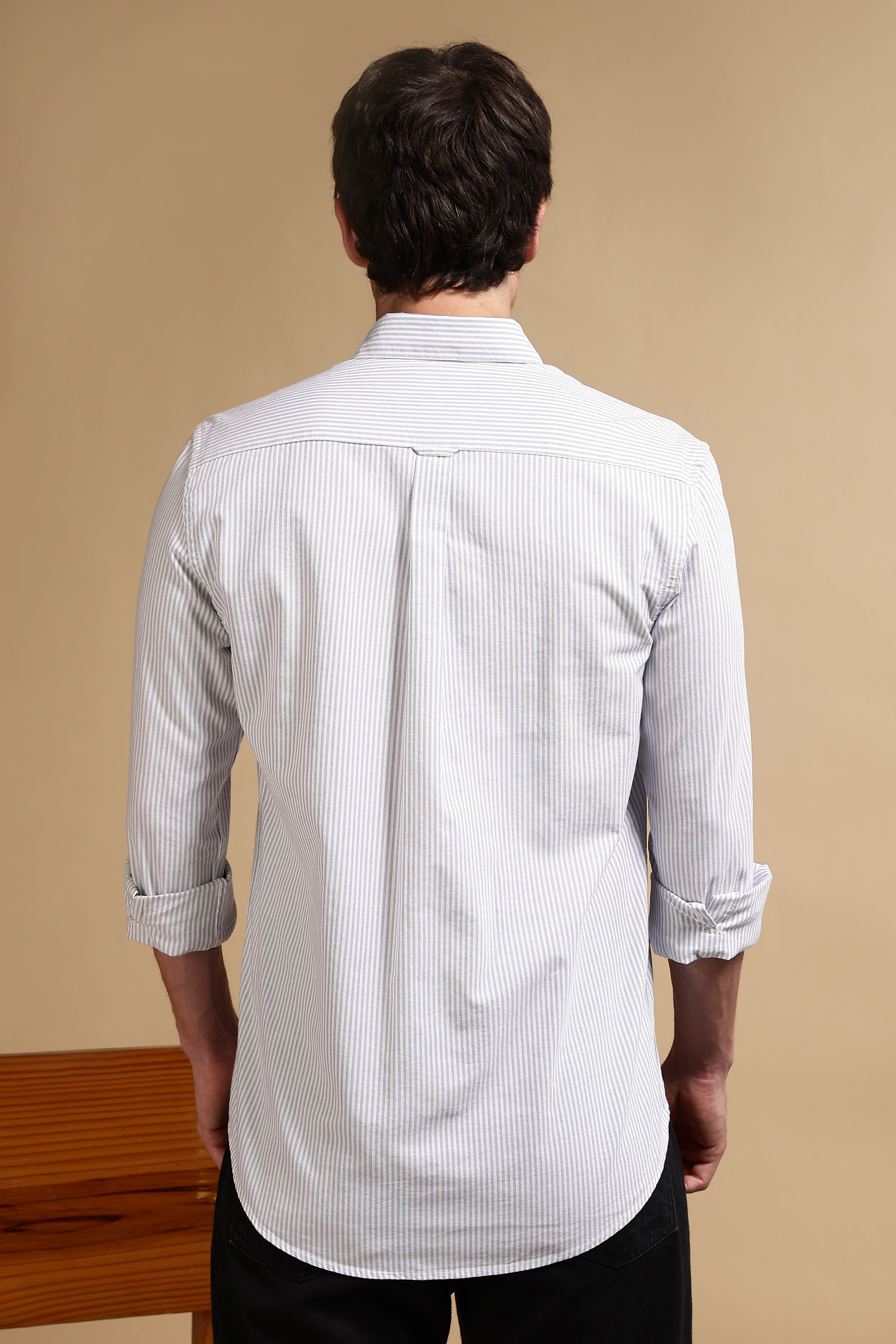 Men Grey Cotton Oxford Slim Fit Striped Shirt