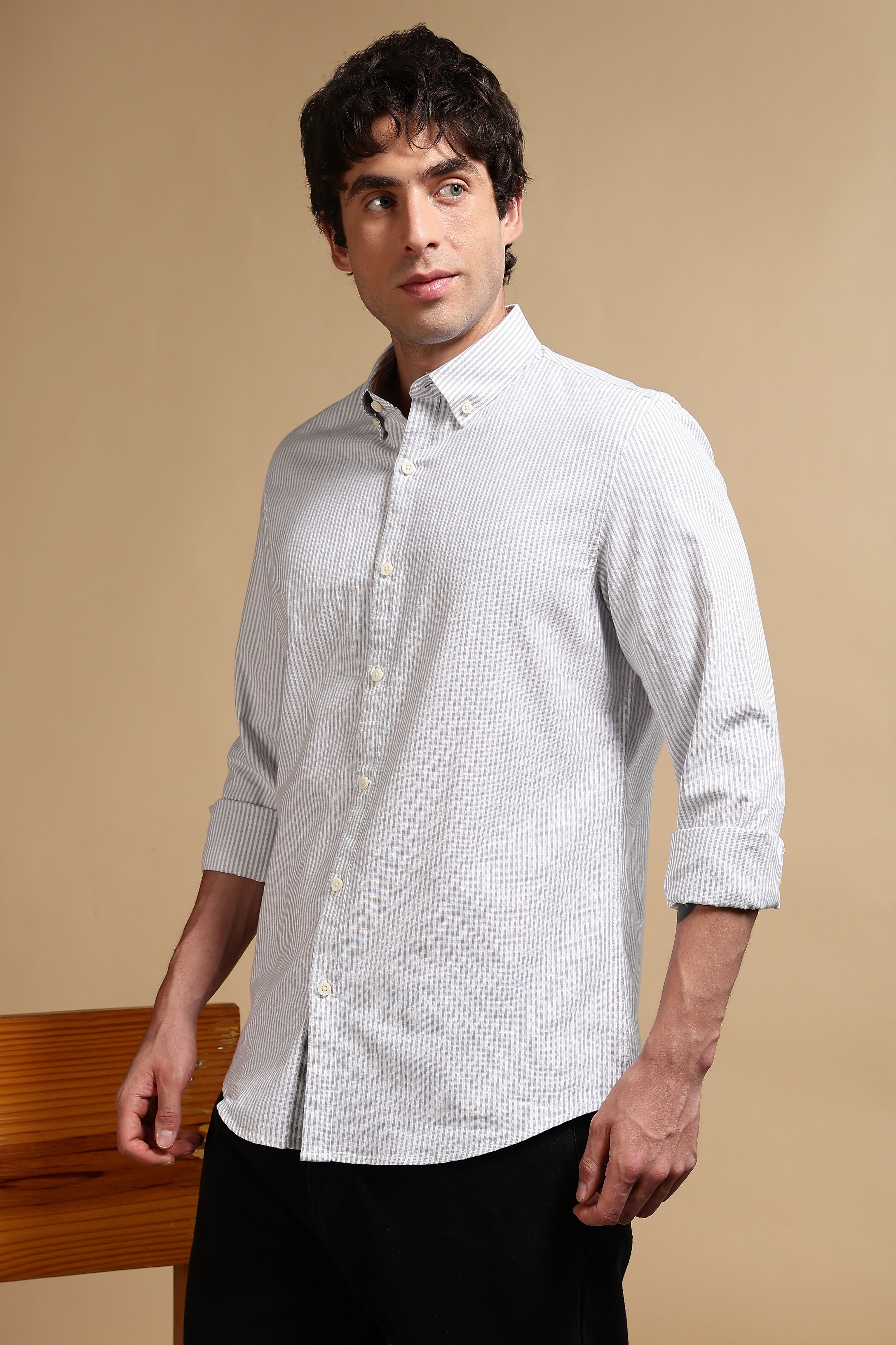 Men Grey Cotton Oxford Slim Fit Striped Shirt