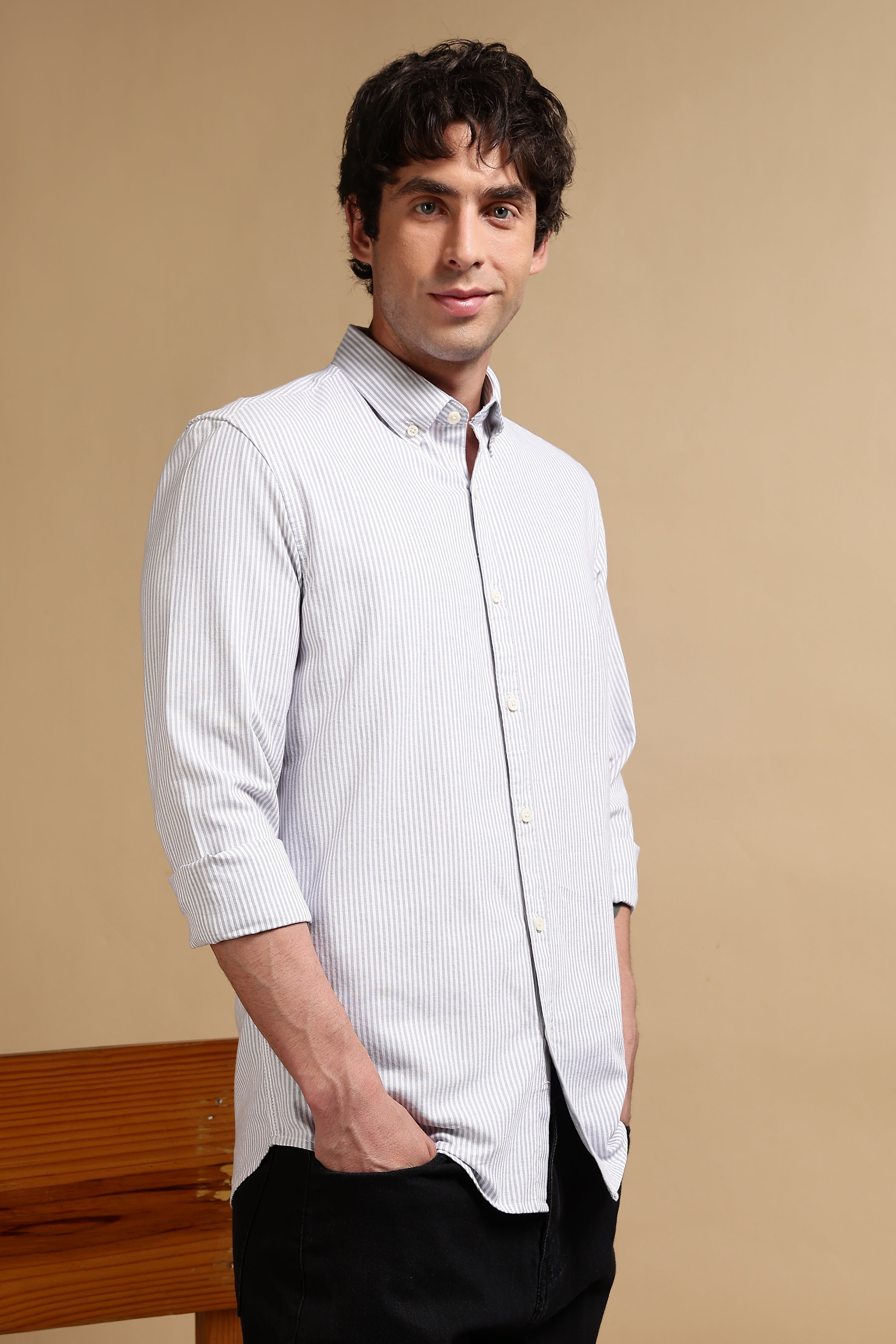 Men Grey Cotton Oxford Slim Fit Striped Shirt