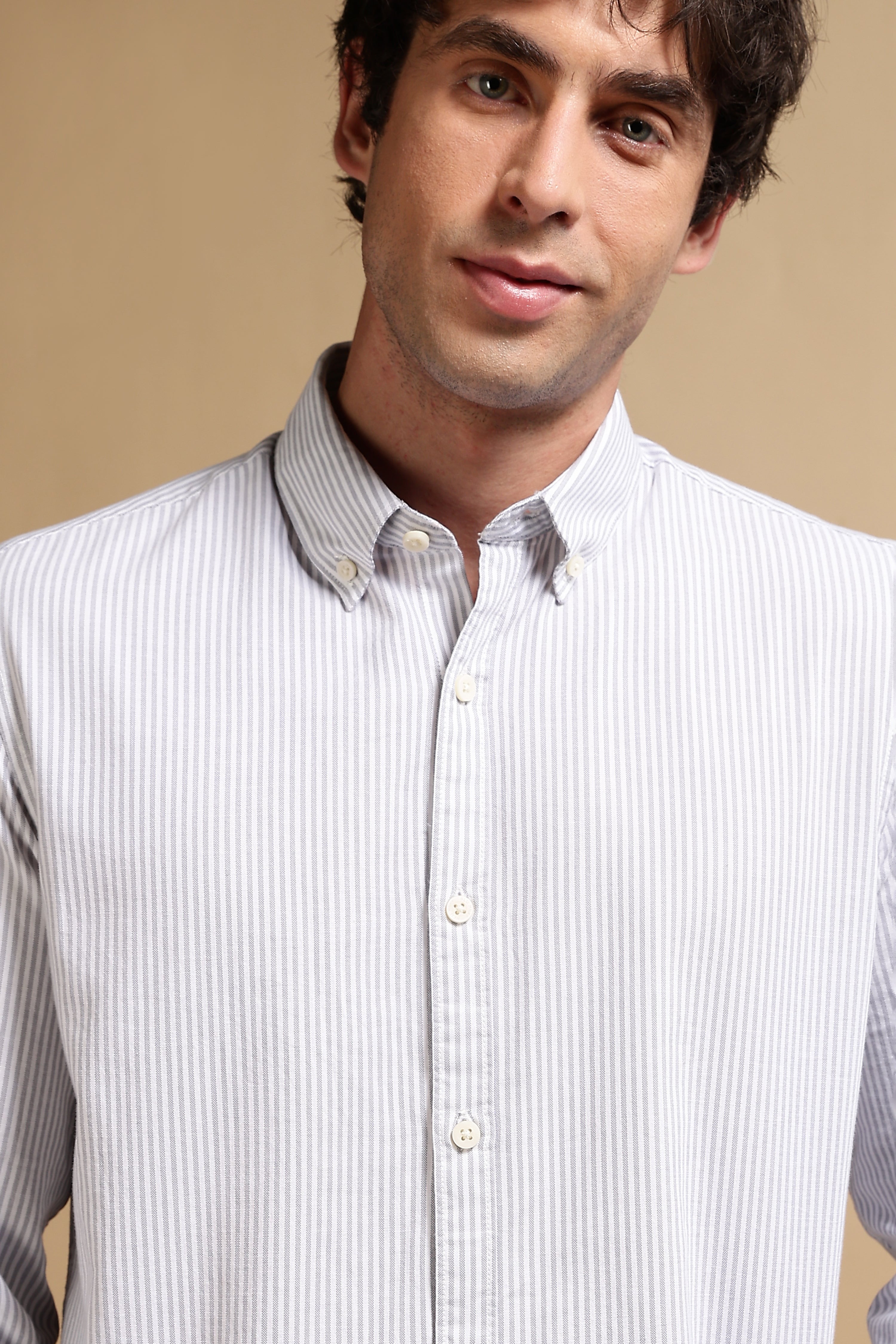 Men Grey Cotton Oxford Slim Fit Striped Shirt