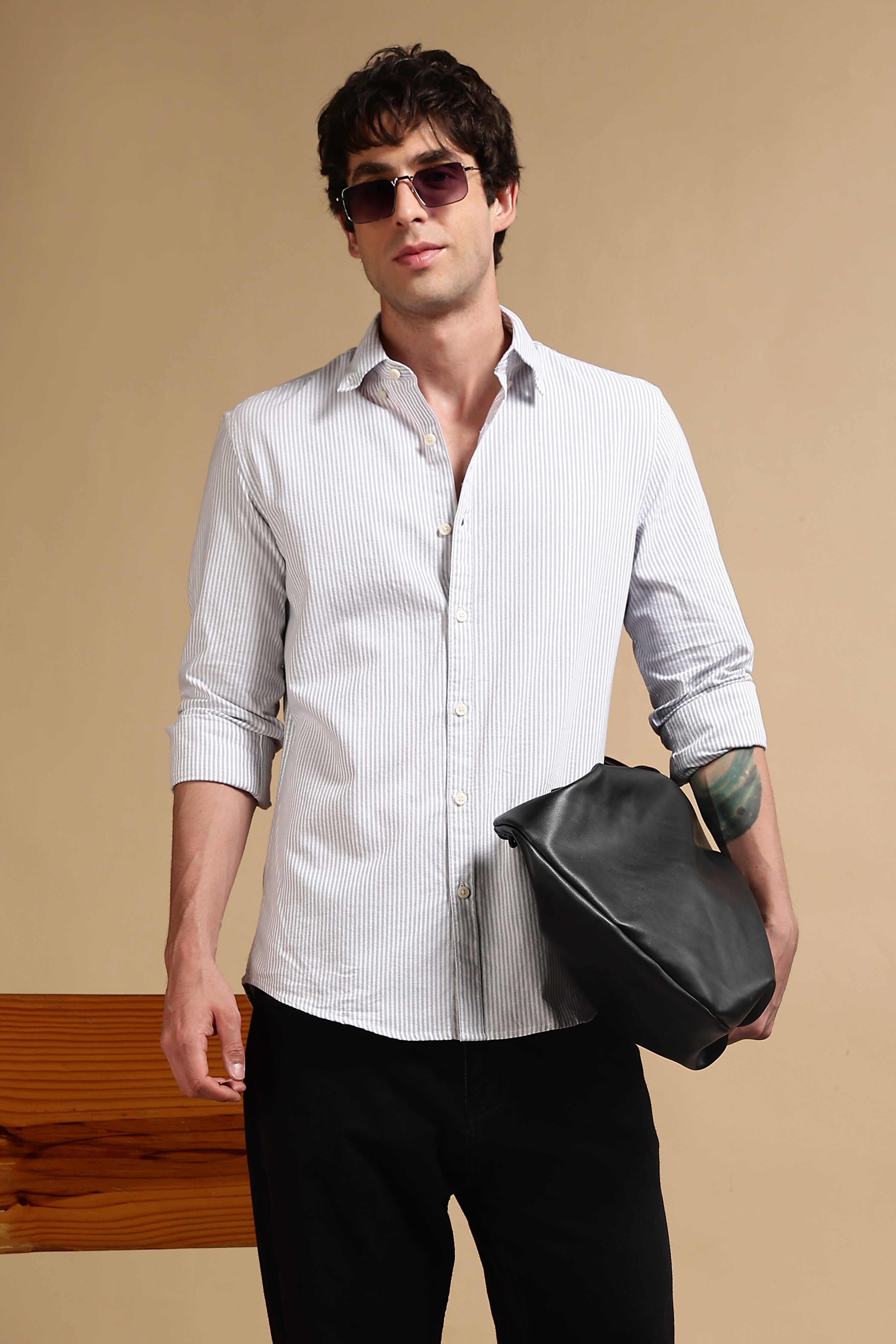 Men Grey Cotton Oxford Slim Fit Striped Shirt