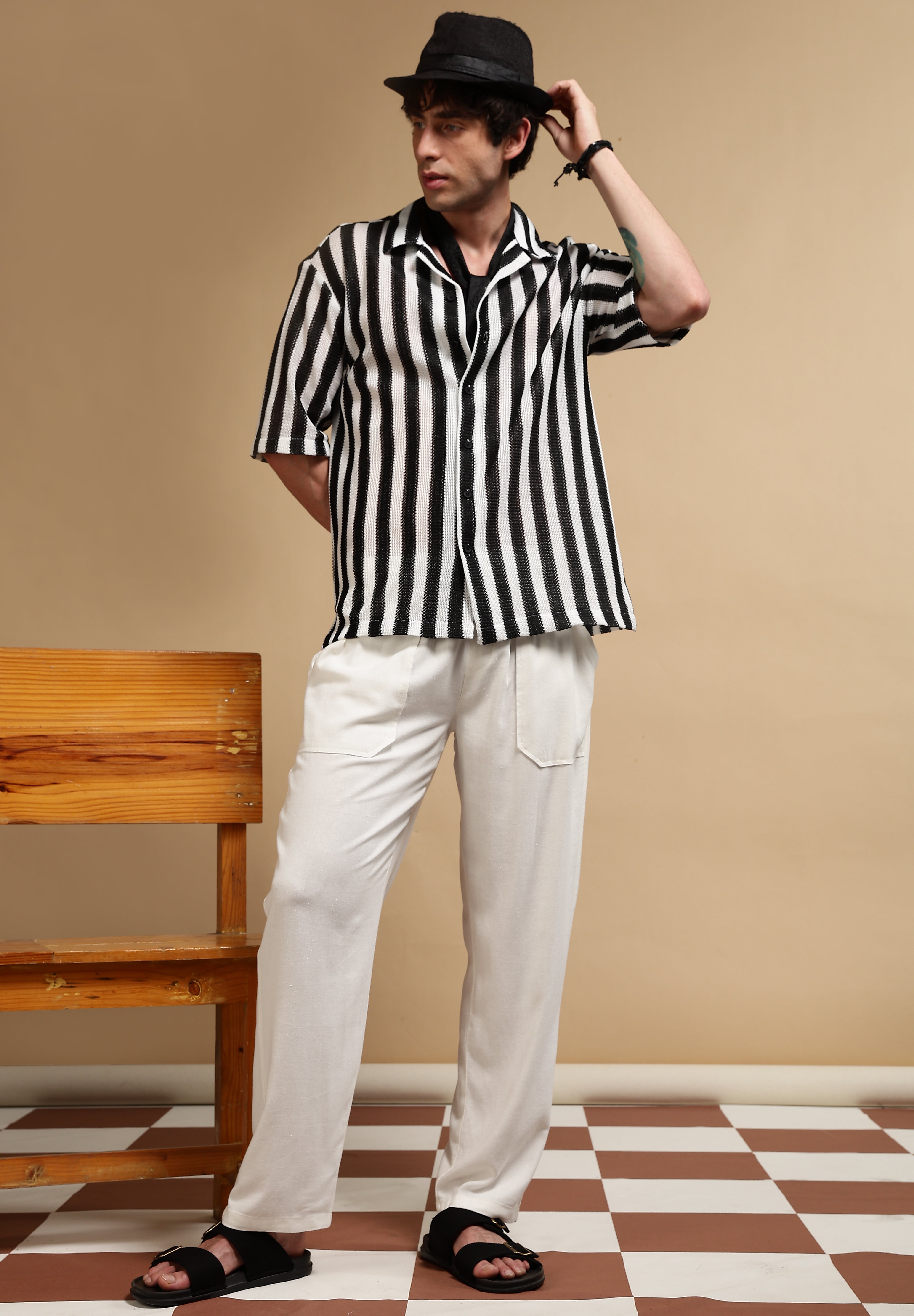 Men White Linen Blend Loose Fit Drawcord Trousers