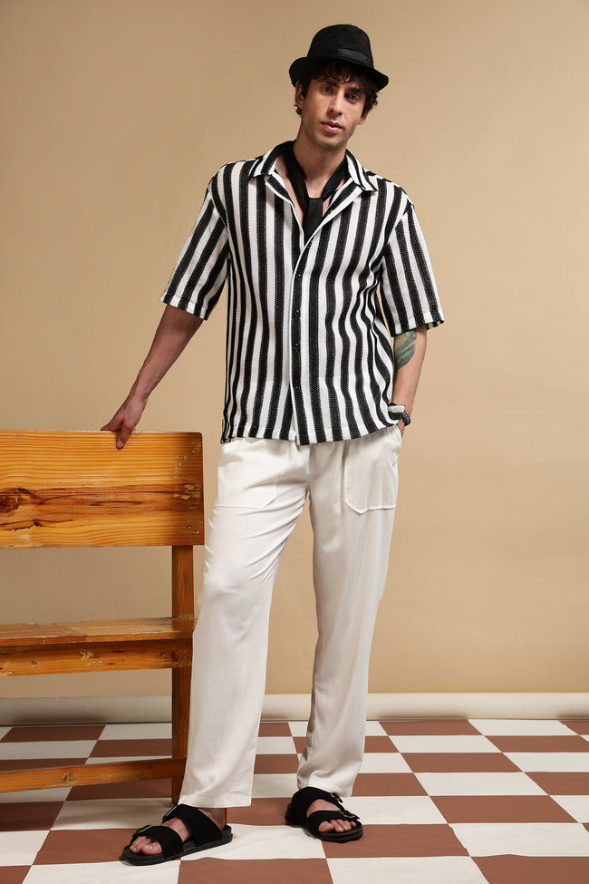 Men White Linen Blend Loose Fit Drawcord Trousers