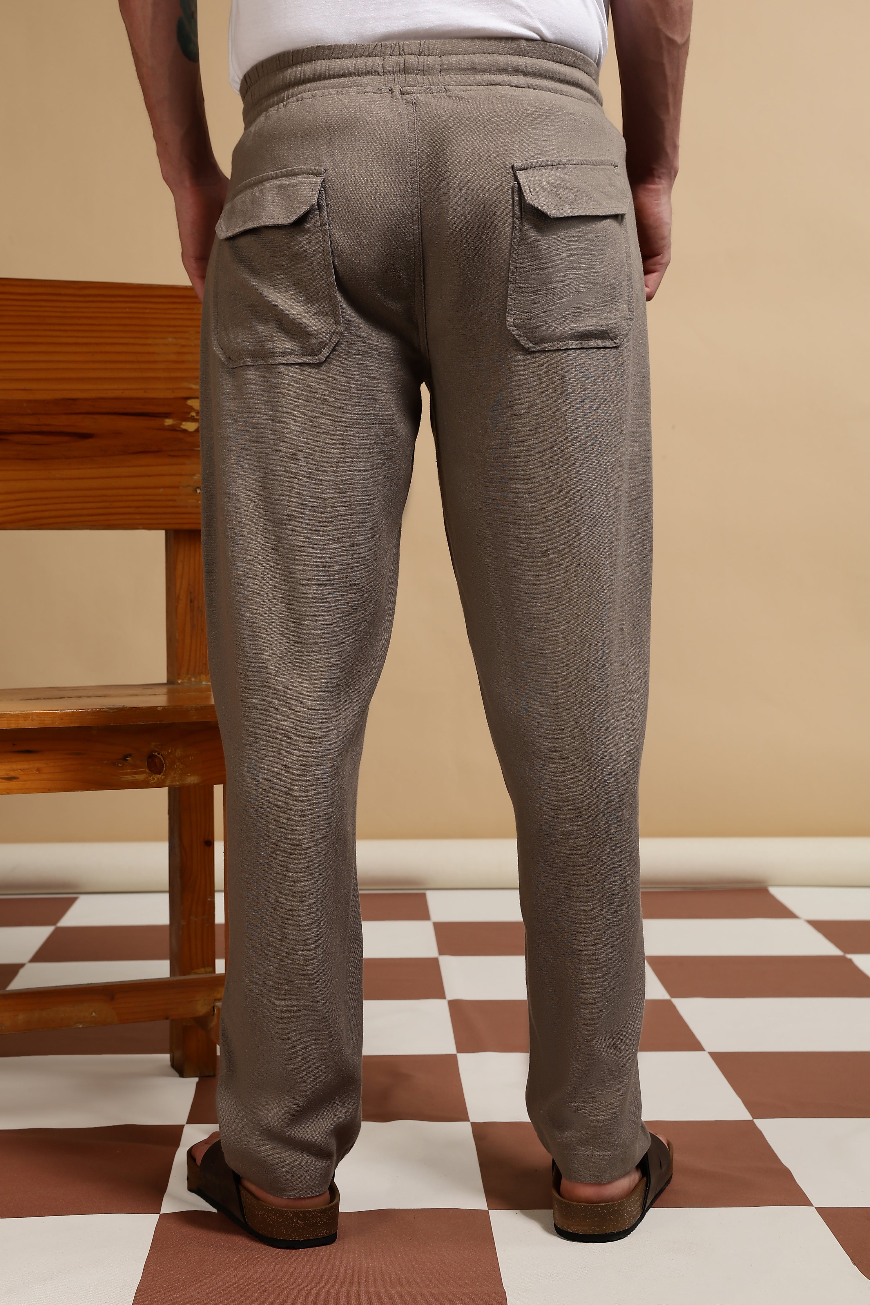 Men Brown Linen Blend Loose Fit Drawcord Trousers
