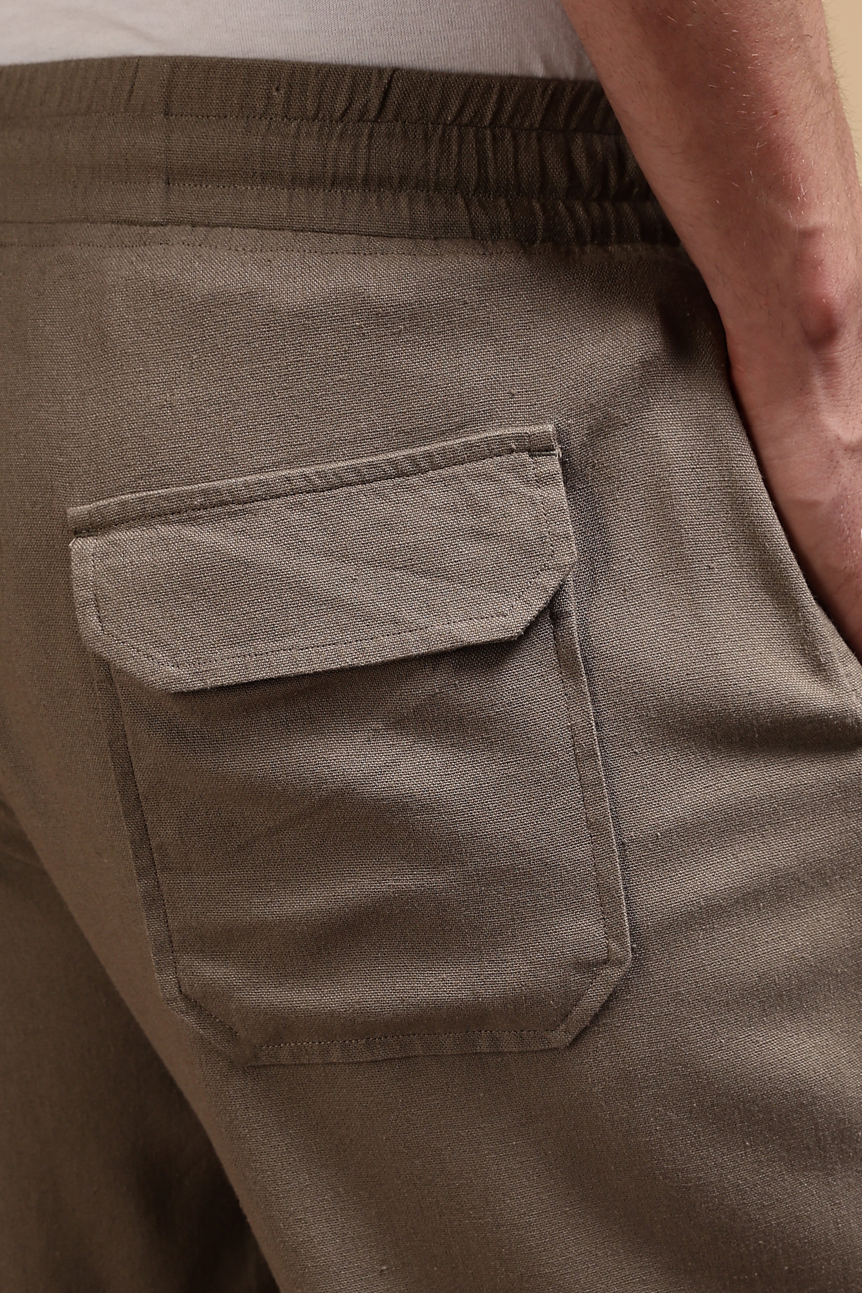 Men Brown Linen Blend Loose Fit Drawcord Trousers