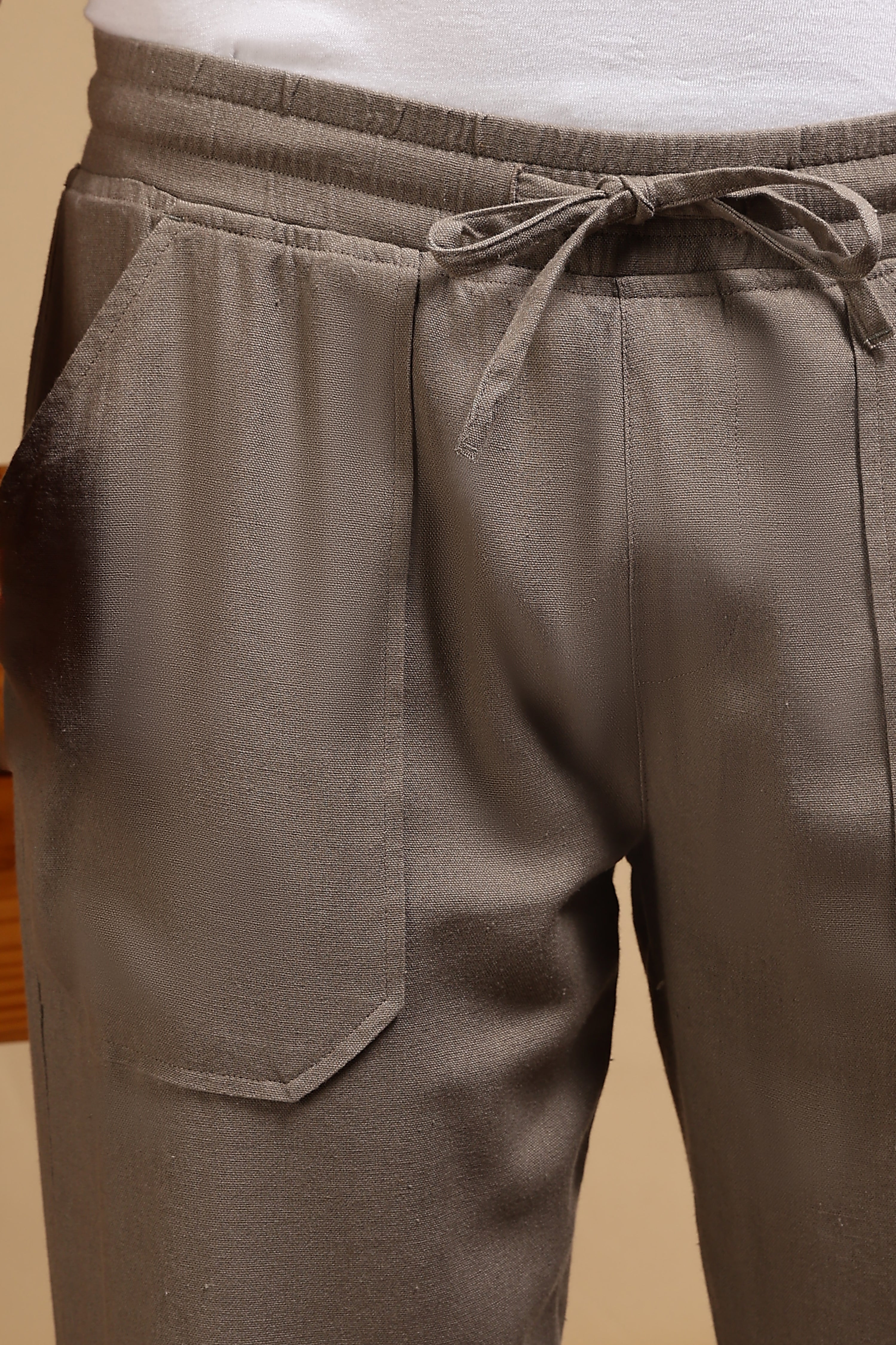 Men Brown Linen Blend Loose Fit Drawcord Trousers