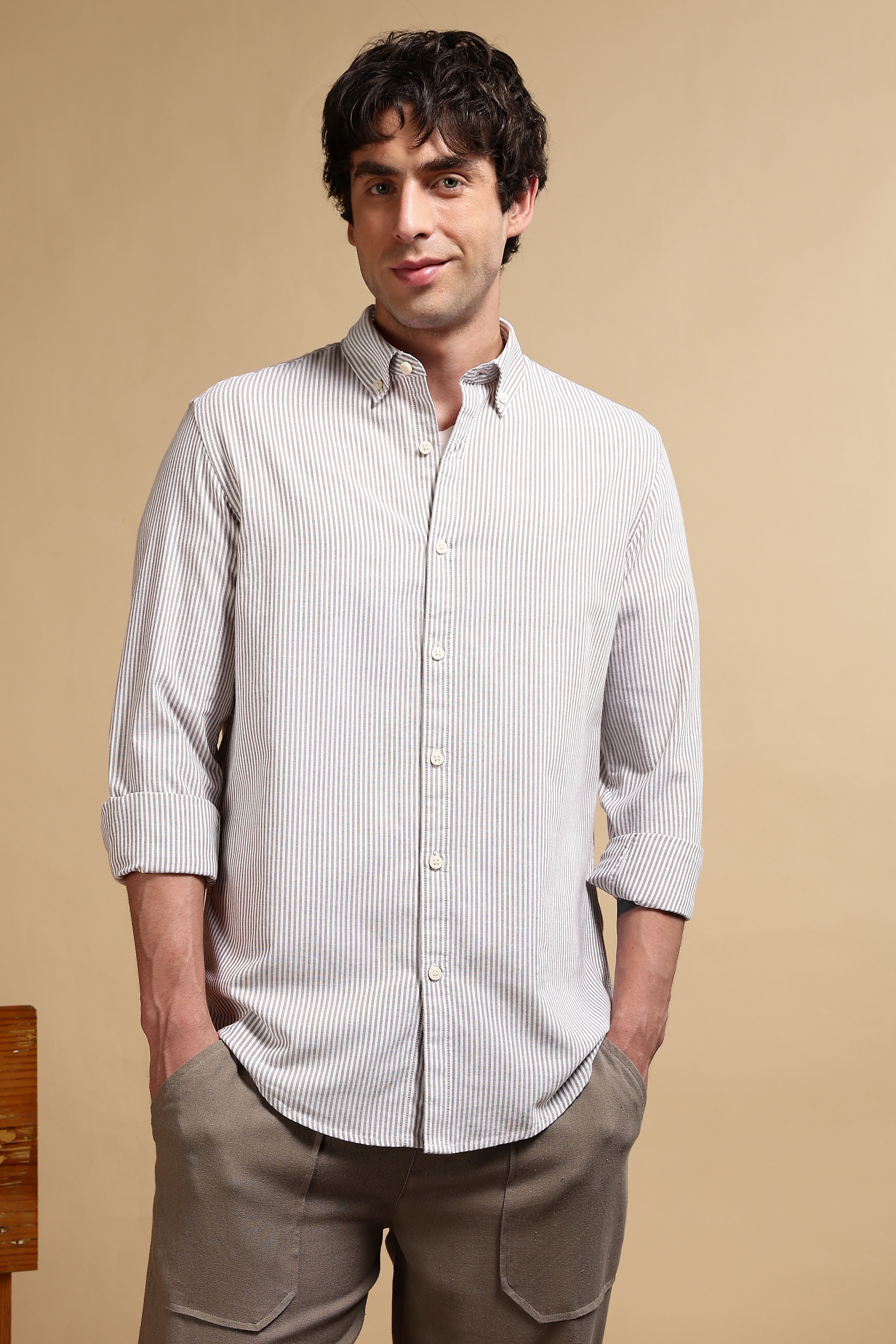 Men Brown Cotton Oxford Slim Fit Striped Shirt