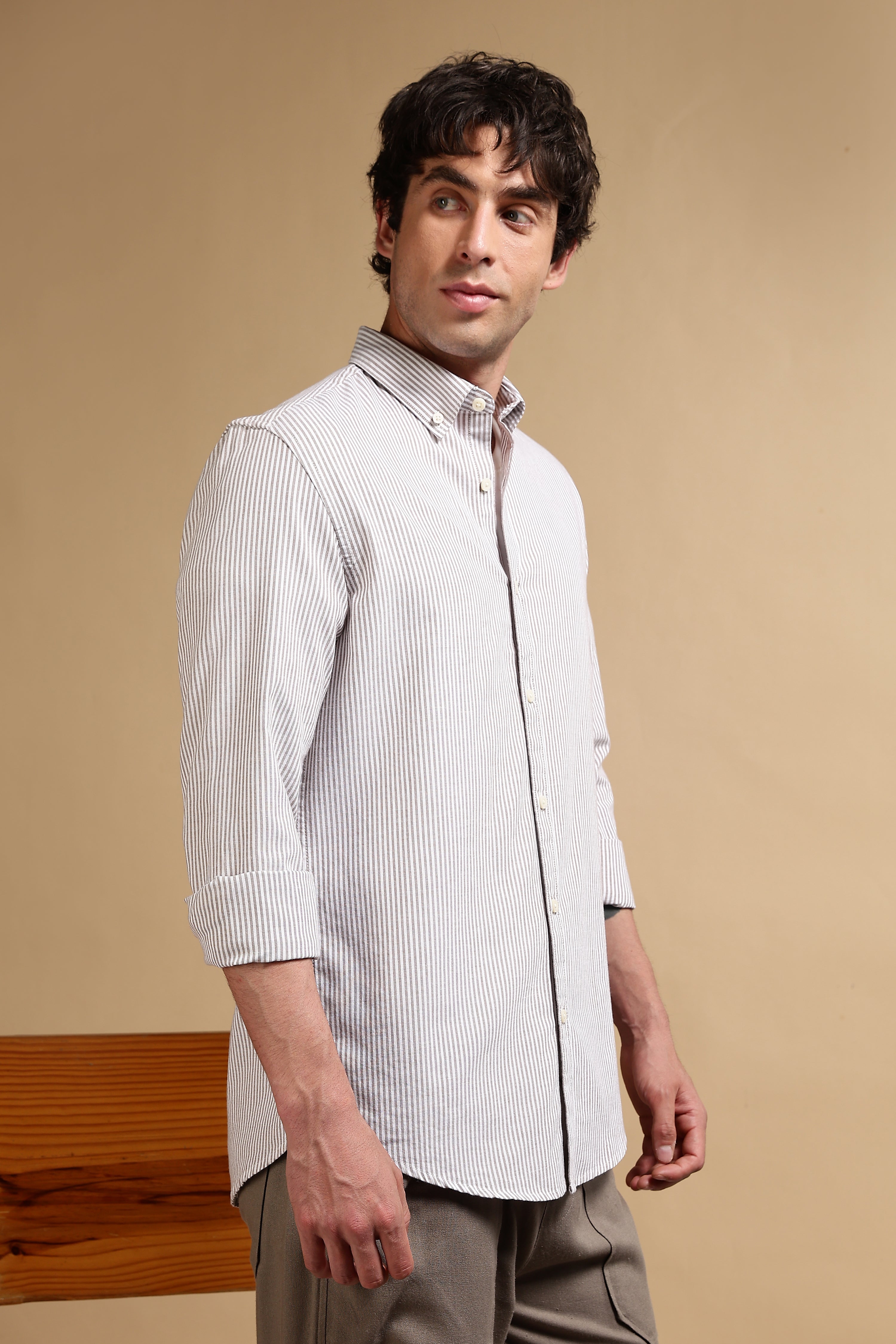Men Brown Cotton Oxford Slim Fit Striped Shirt