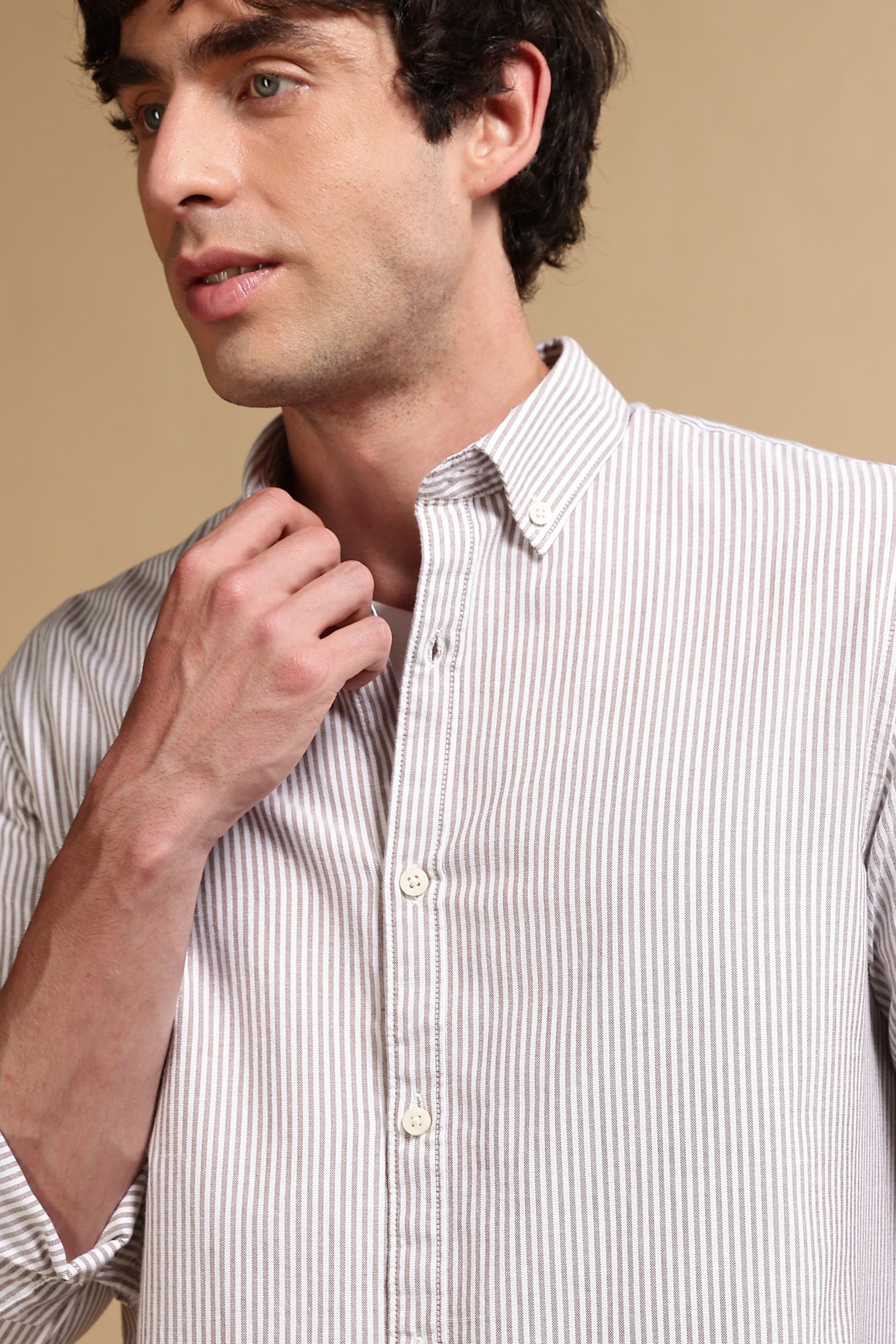 Men Brown Cotton Oxford Slim Fit Striped Shirt