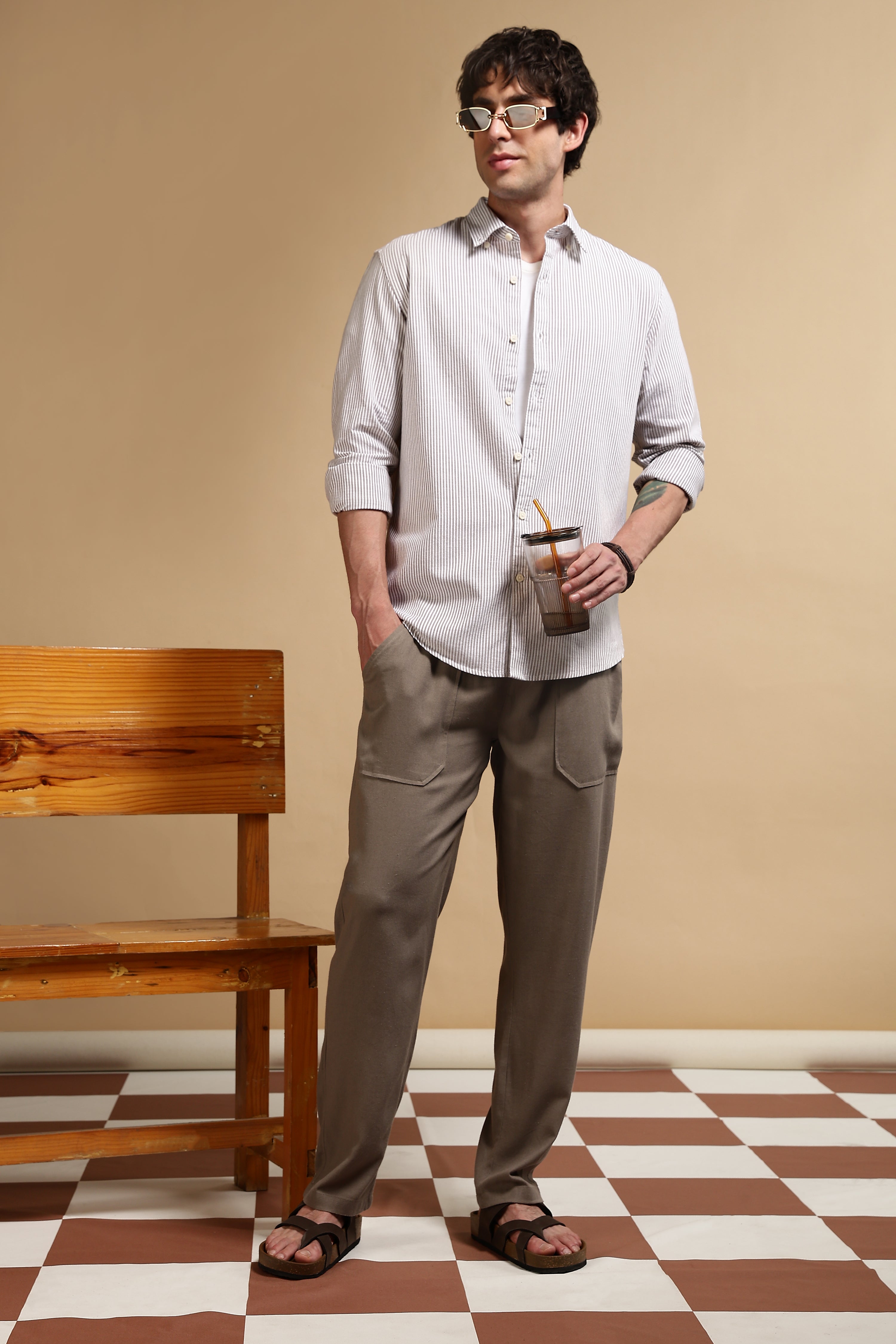 Men Brown Linen Blend Loose Fit Drawcord Trousers