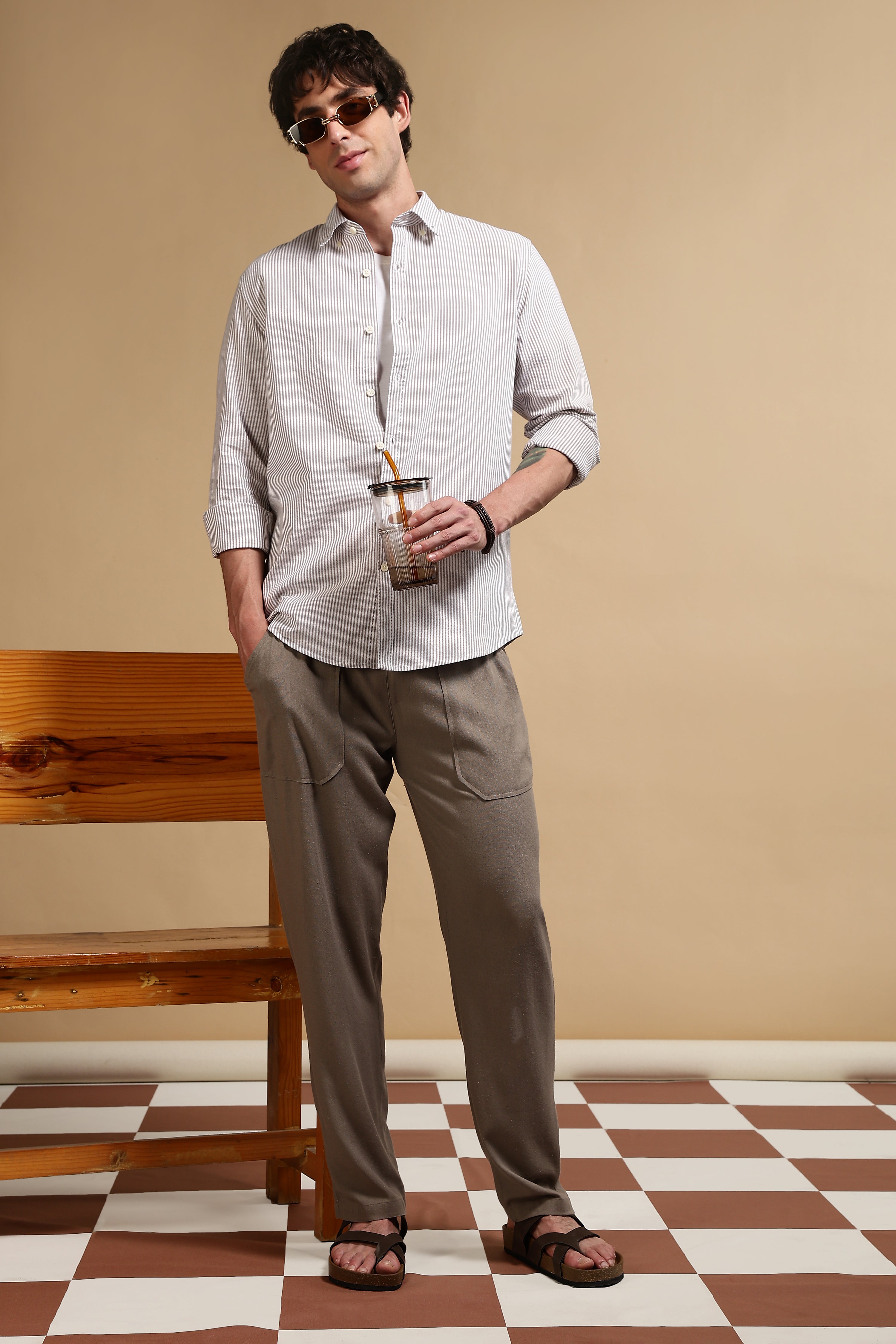 Men Brown Linen Blend Loose Fit Drawcord Trousers